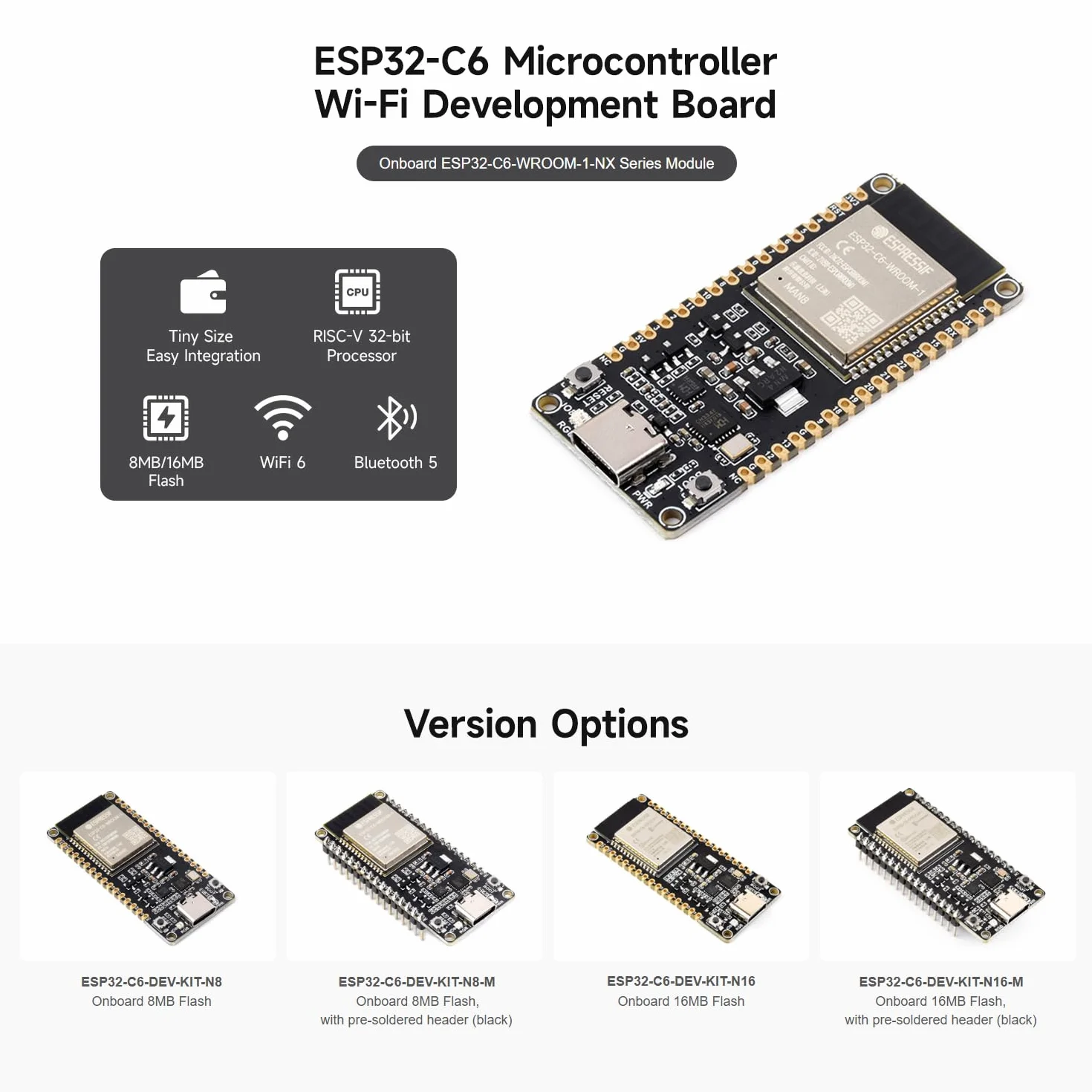 Waveshare ESP32-C6 Microcontroller, WiFi 6 Development Board, 160MHz Single-core Processor, ESP32-C6-WROOM-1-NX Series Module, Supports USB and UART Development,16MB Flash, with Pinheader