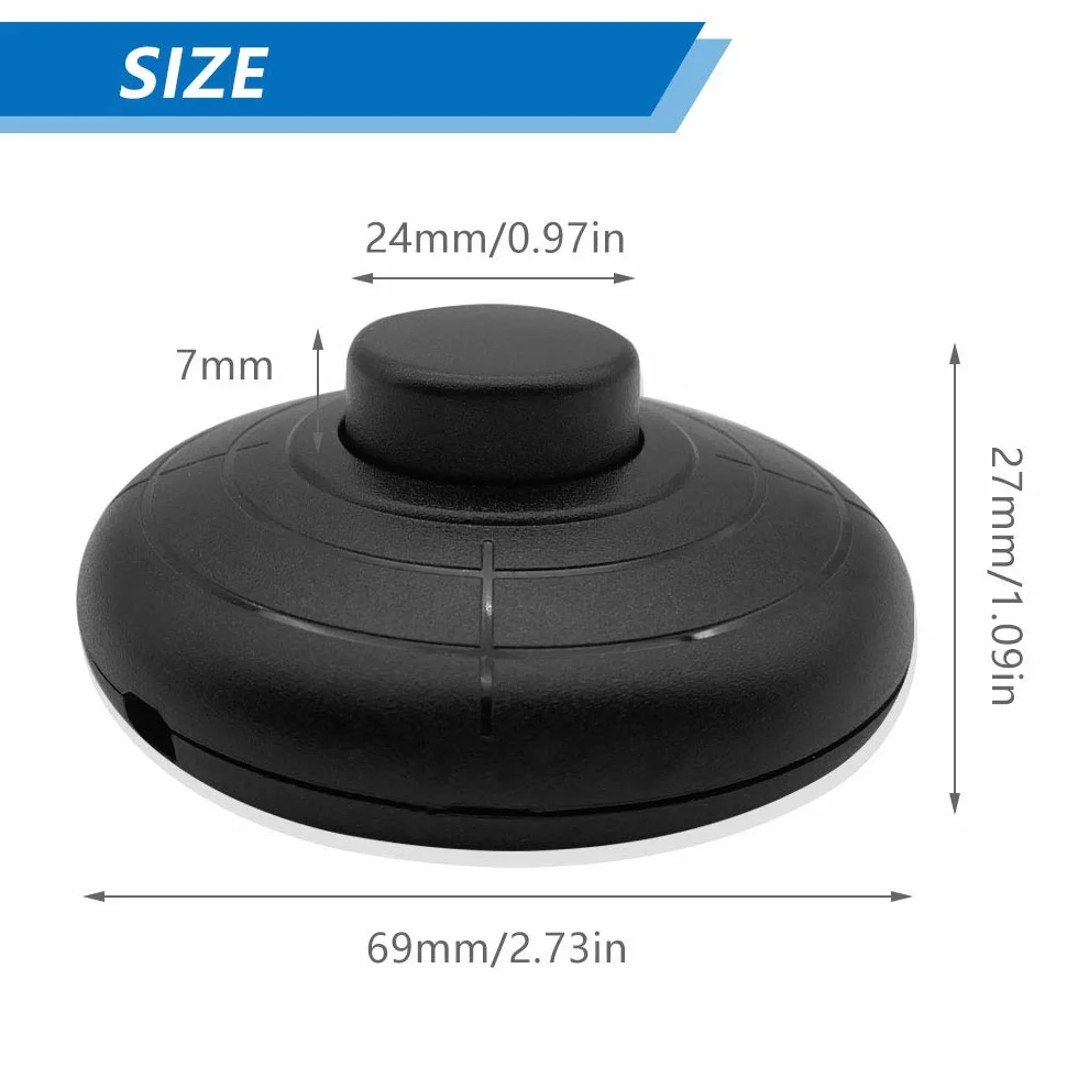 Przełącznik nożny o średnicy 70 mm, okrągły, 250 V/2 A, czarny, okrągły kabel, przełącznik nożny do lampa, lamp stojących, kuchennych lub innych, 1 sztuka
