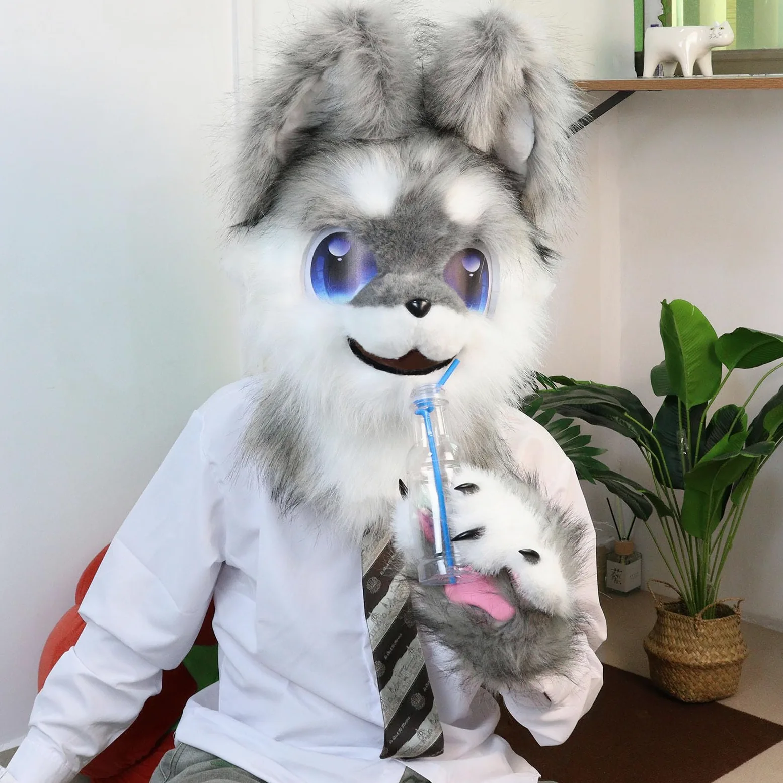 Maska na głowę zwierzęcia, futrzany kombinezon, pluszowy pies, lis, maski, na imprezy halloweenowe, cosplay, akcesoria do kostiumu