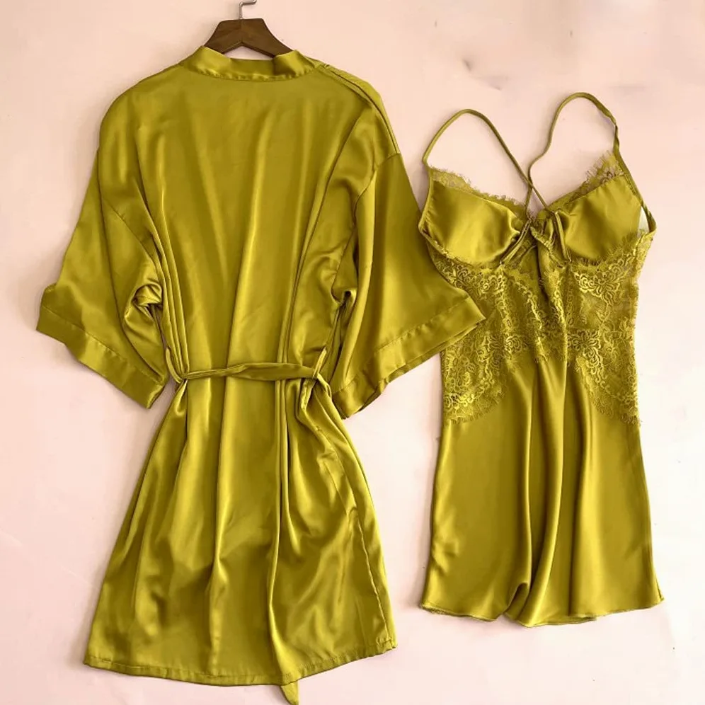Damska koronkowa bielizna nocna satynowa 2 szt. zestaw szata kimono sukienka seksowna intymna bielizna nocna na co dzień odzież domowa lato nowa odzież domowa (Pink,XL)