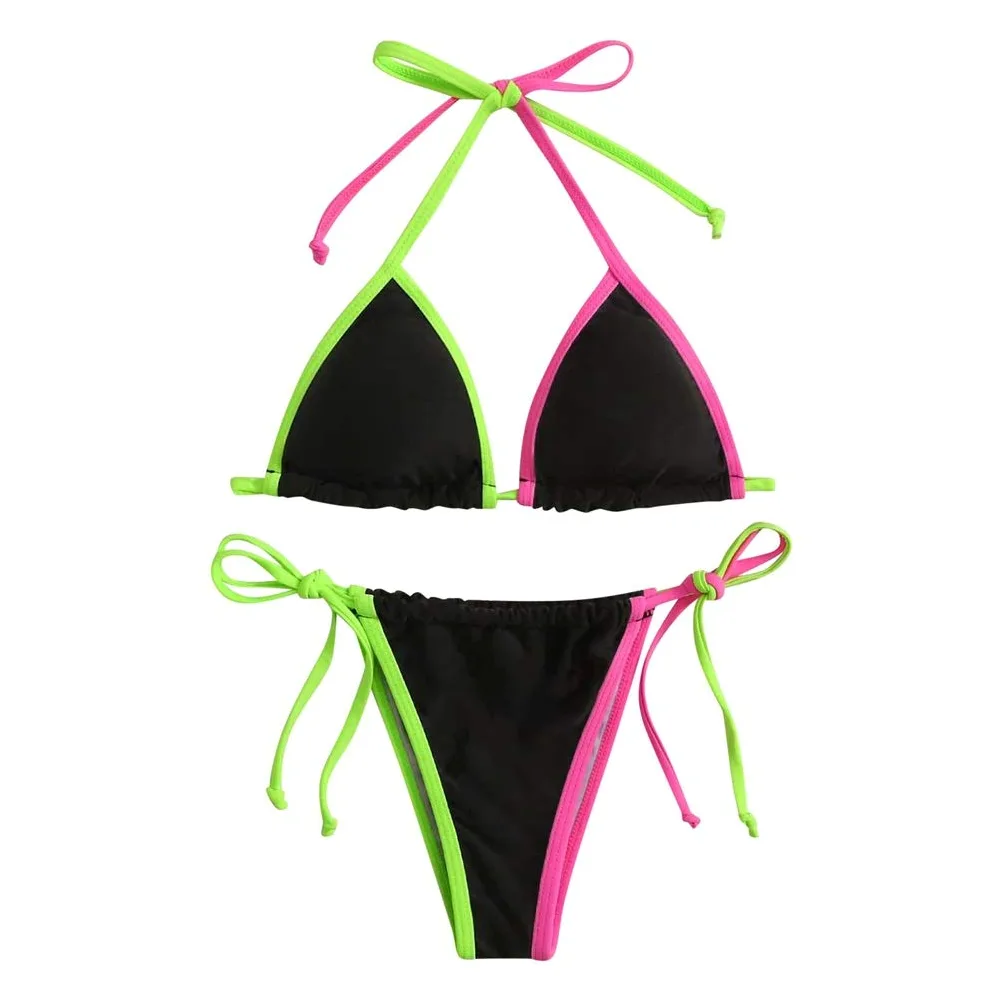 Patchworkowe stringi mikro bikini damskie seksowne bandażowe bikini Set Push Up wyściełane stroje kąpielowe strój kąpielowy z wysokim stanem (kolor: czarny, rozmiar: mały) (czarny L)