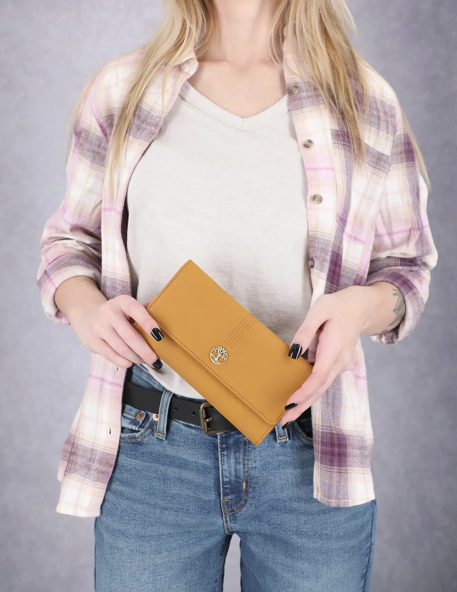 Timberland Damski skórzany portfel RFID Flap Wallet Clutch Pszenica (nubuk)