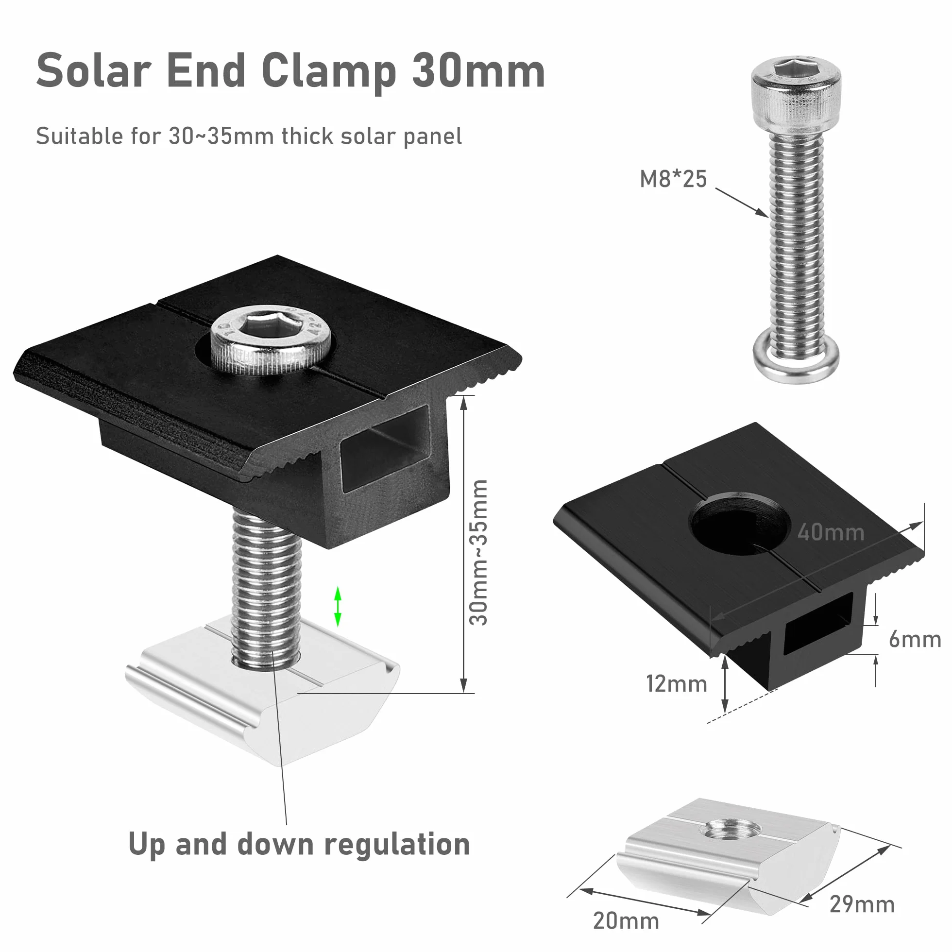 Uchwyt do modułu solarnego, zaciski środkowe, 30 mm, czarny – uchwyt na panel słoneczny, 10 sztuk mocowania modułu solarnego, zacisk środkowy w kształcie litery T, wspornik fotowoltaicznych modułów