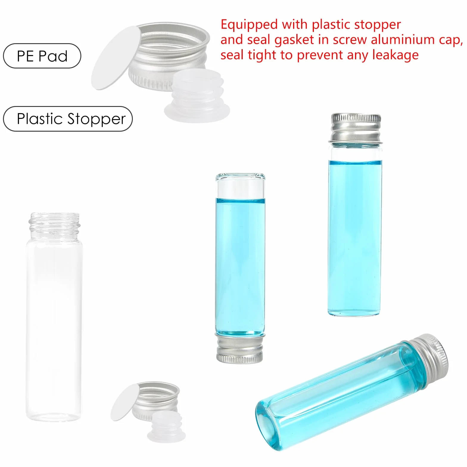 Fiolki szklane 20 ml z zakrętkami, szczelne fiolki na próbki płynów, 50 szt.