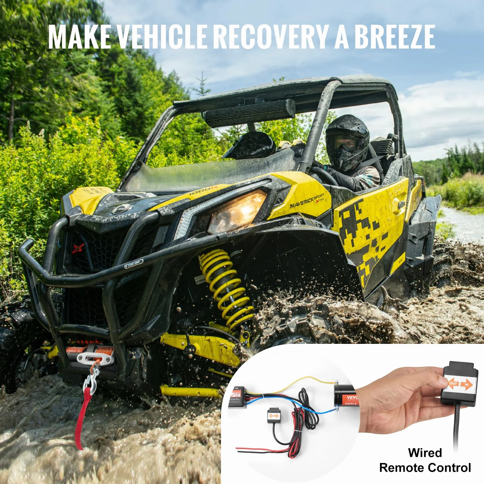 VEVOR Wciągarka elektryczna, zdolność ciągnięcia linii 3500 lbs / 1588 kg wciągarka ATV/UTV 12 V DC Φ0,5 x 1188,7 cm 12 drutów z liną syntetyczną, aluminiowy przewodowy pilot zdalnego sterowania