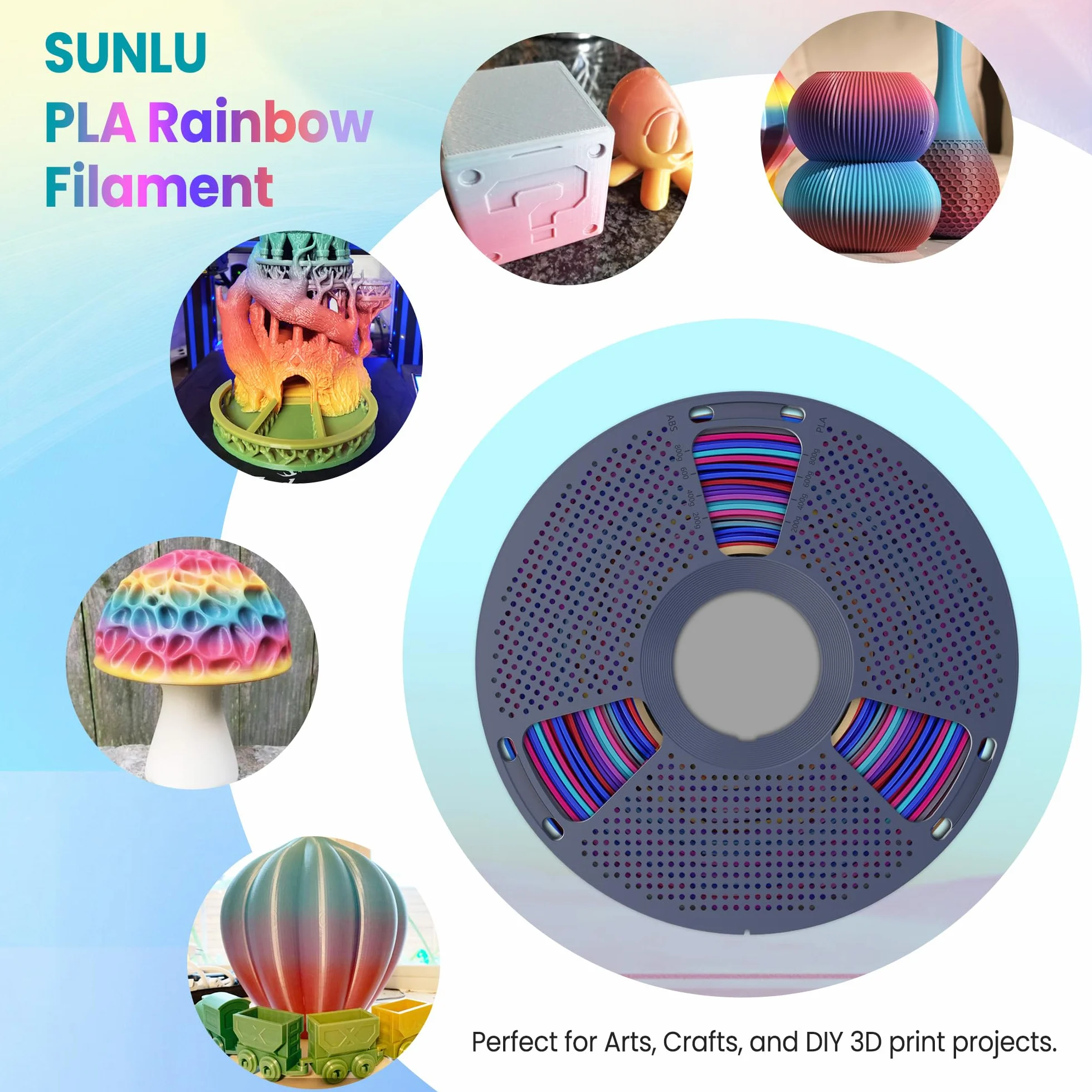 SUNLU Rainbow PLA Filament do drukarki, wielokolorowy, czysto nawinięty gradient PLA 3D, filament do drukarki 1,75 mm ± 0,02 mm, waga całkowita 4 kg, 1 kg na szpulę, 4 rolki.