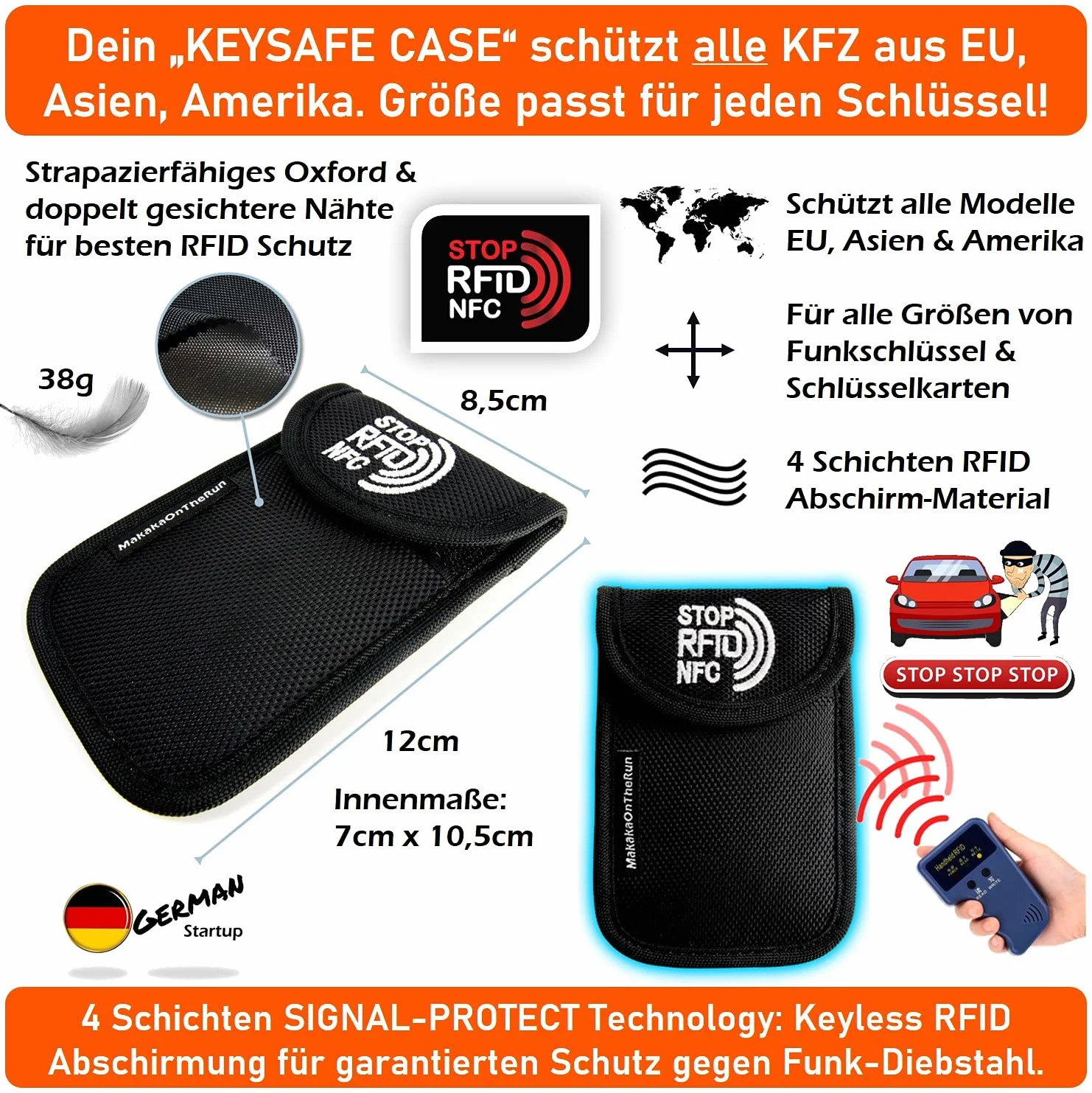 MakakaOnTheRun etui na kluczyki samochodowe – Keyless Go ochronne z 2 przegródkami chroniącymi RFID. Etui na kluczyki samochodowe do wszystkich pojazdów z UE, Azji i