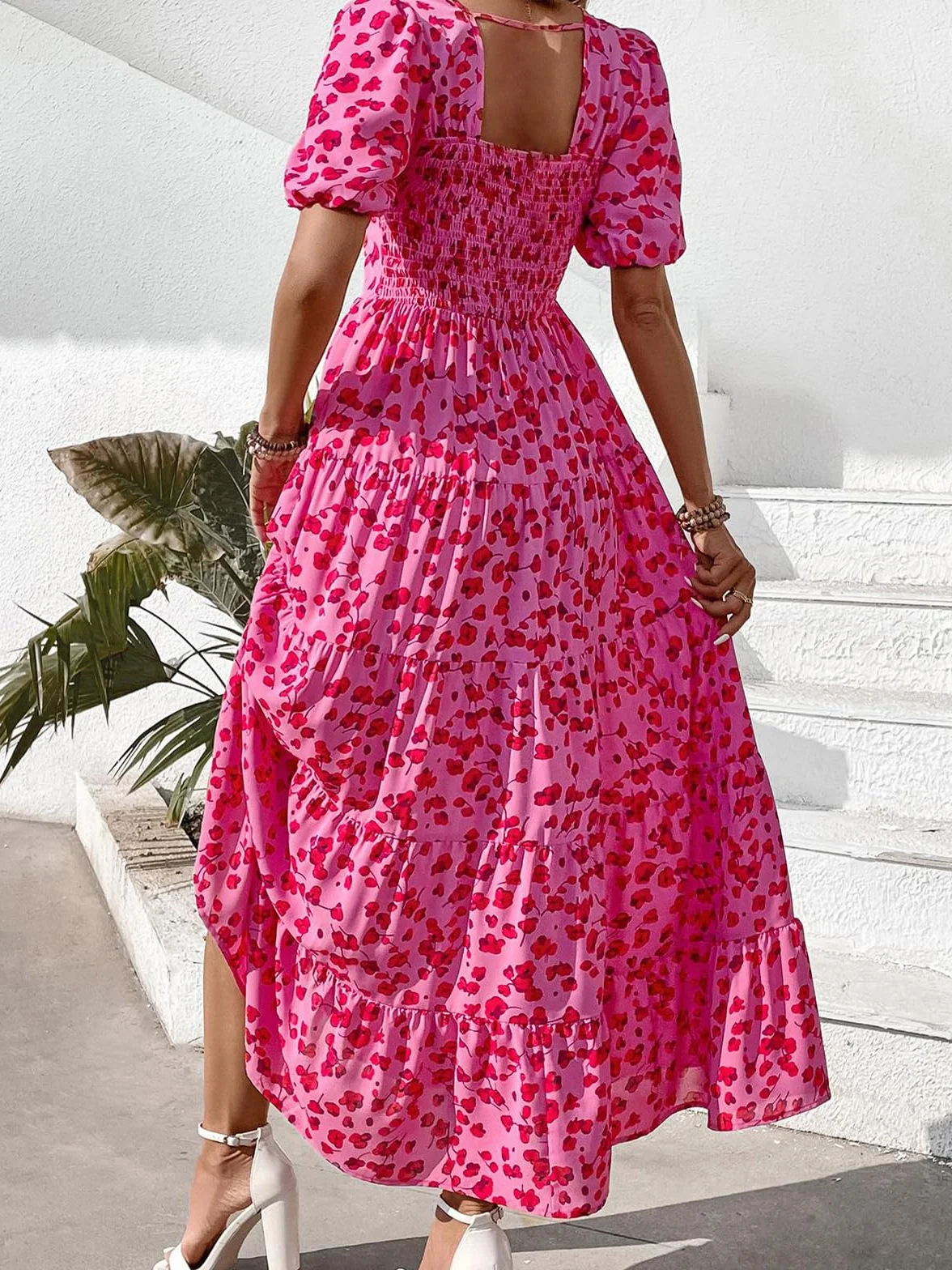PRETTYGARDEN Womens Dresses Summer 2025 Puff Sleeve Plus Size Maxi Dress for Women Beach Vacation Flowy Long Sun Dress (Floral Rose Red,X-Large)