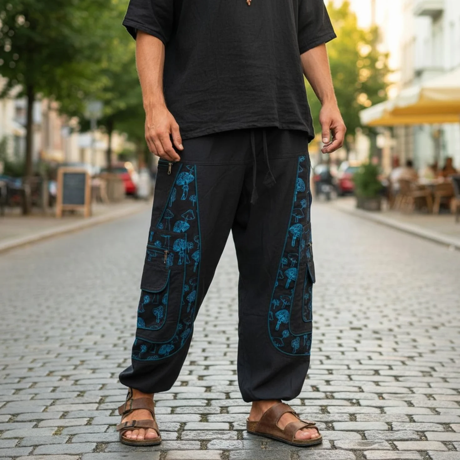 GURU SHOP Goa, męskie spodnie do jogi, wygodne spodnie rekreacyjne z nadrukiem grzybowym, bawełna