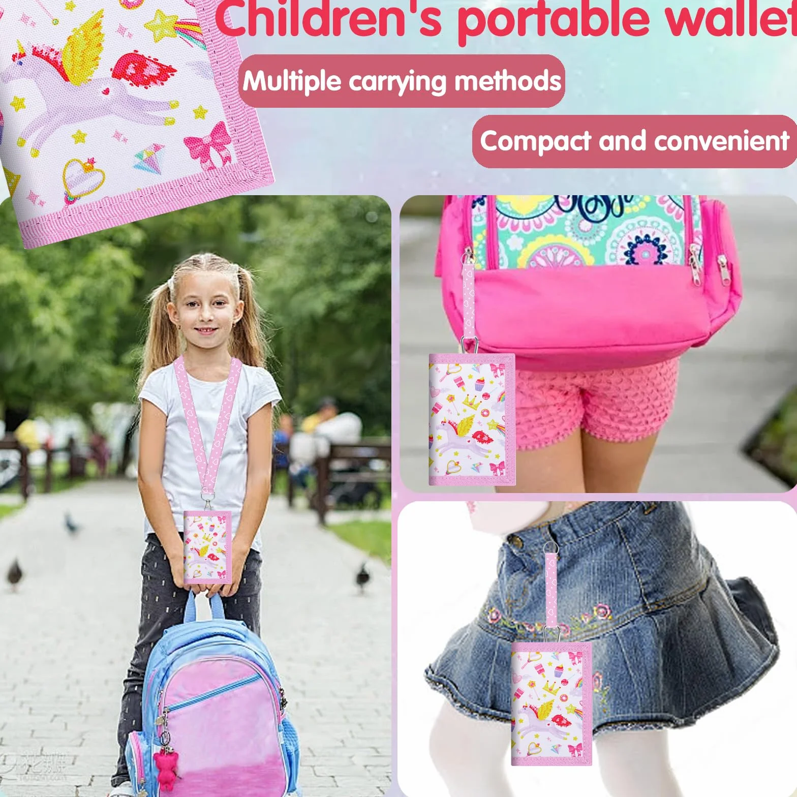 LUKIUP Portfel dziecięcy, mini portmonetka, torebka na piersi dla dziewcząt, potrójnie składany portfel, z zapięciem na rzepy, sznurkiem do ściągania, przegródką na banknoty i przegródką na monety z