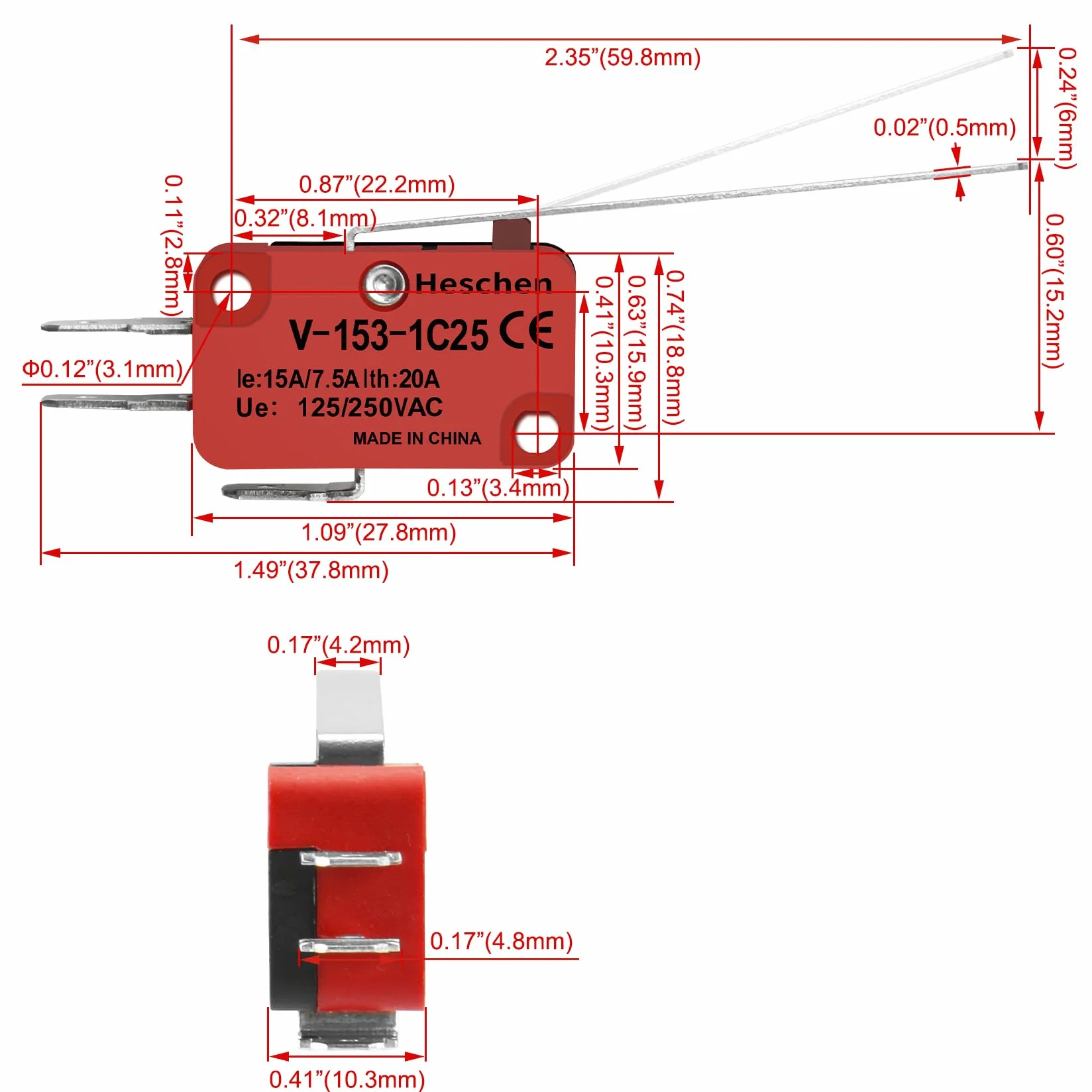 Heschen Micro Switch V-153-1C25 SPDT długa dźwignia zawiasowa 20 A 250 V AC 2 sztuki
