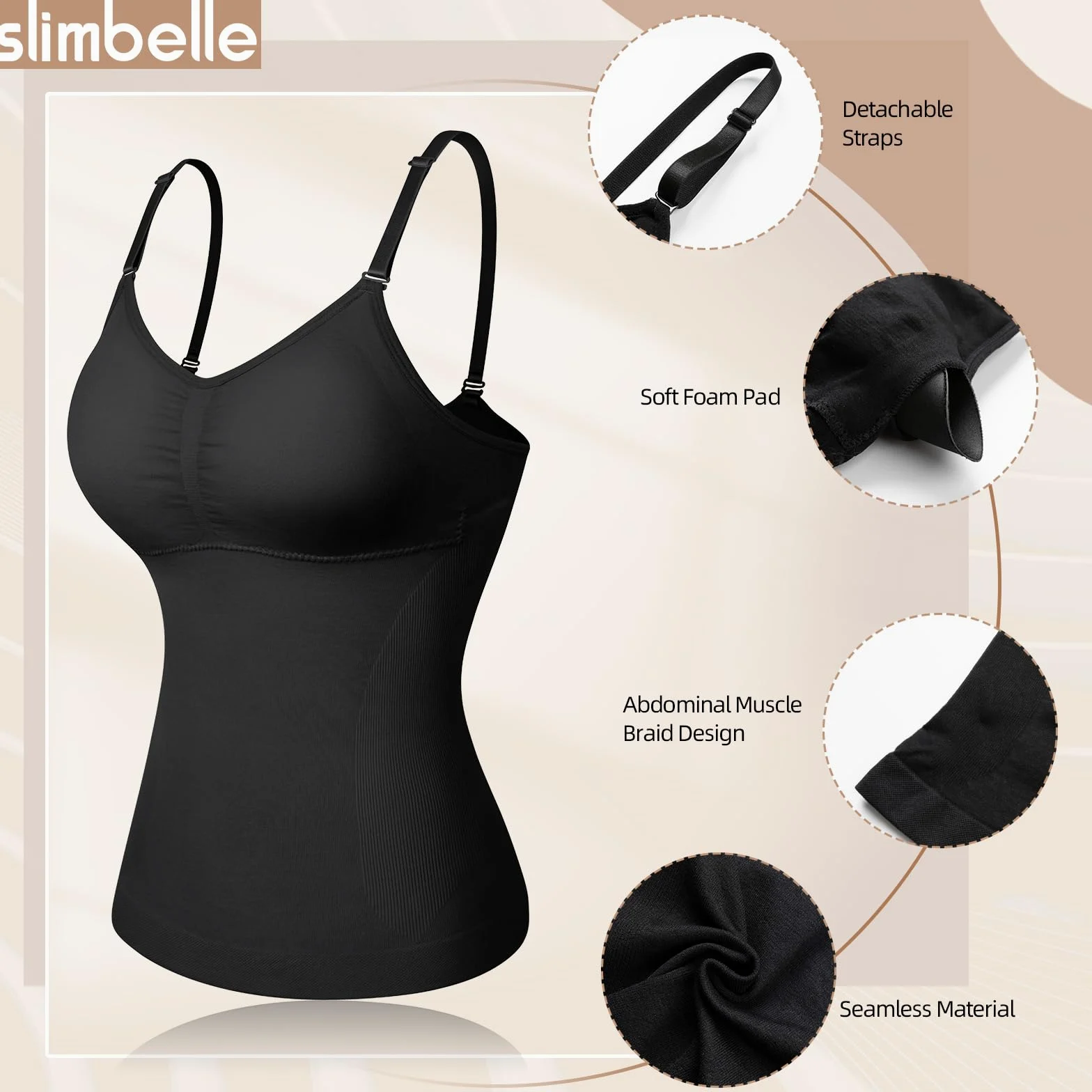 damski podkoszulek modelujący brzuch casual, top modelujący sylwetkę, bez szwów, modelujący top z ramiączkami spaghetti