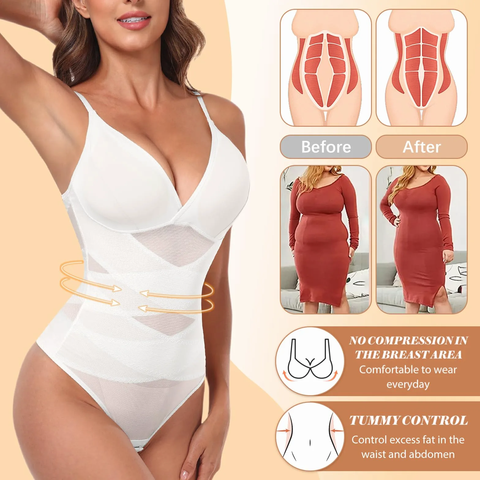Tuopuda Body modelujące damskie stringi modelujące body body body bielizna modelująca bielizna wyszczuplająca brzuch płaski wyszczuplający kształt z biustonoszem regulowany pasek na ramię siatka Fajas