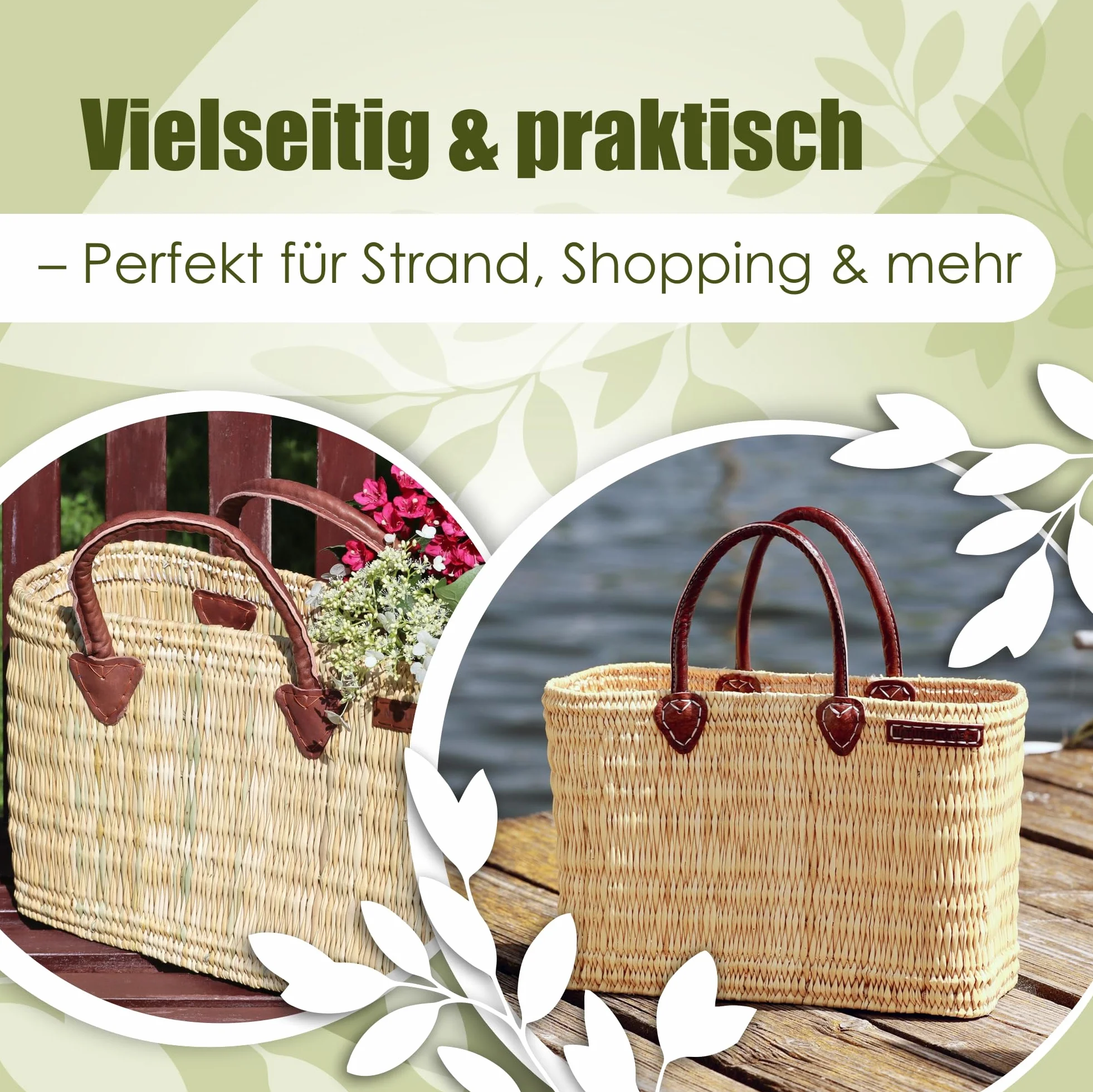 NATUREHOME Ręcznie plecione torby z trzciny i liści palmowych torba beachbag ze skórzanymi uchwytami naturalna torba łazienkowa, naturalny, Schilfrohrkorb M