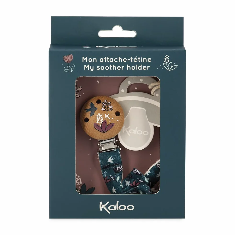 Kaloo - K'Doux - łańcuszek na smoczek z materiału i drewna FSC - dwa materiały miękka bawełna i muślin - uchwyt na smoczek dla niemowląt - 16,5 cm - motyw naturalny - od urodzenia, K216003