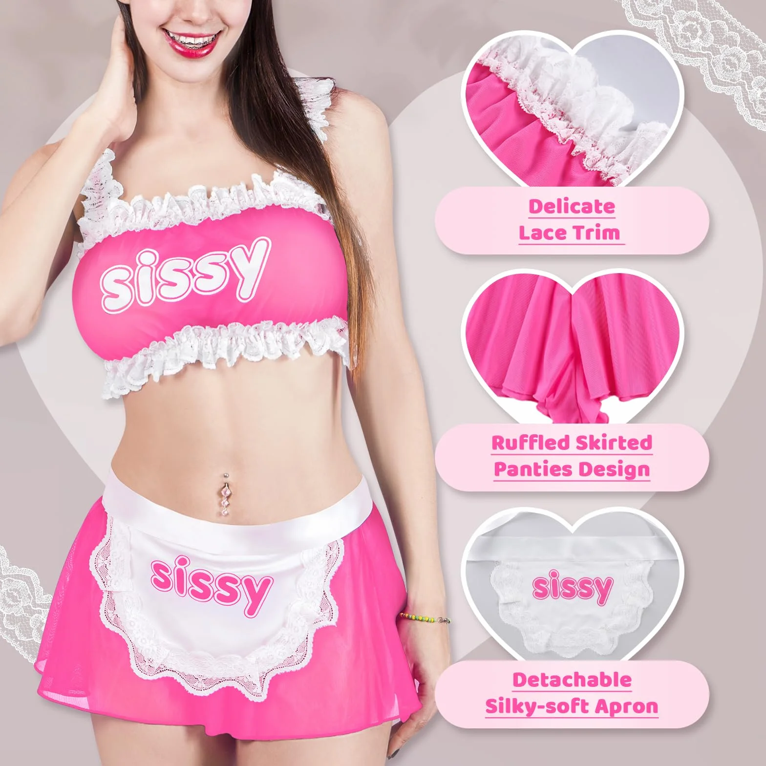 LittleForBig Unisex regulowana koronkowa bielizna nocna bielizna nocna z siateczki, odzież wypoczynkowa, Sissy Maid przezroczyste braletki rocked zestaw majtek ze zdejmowanym fartuchem