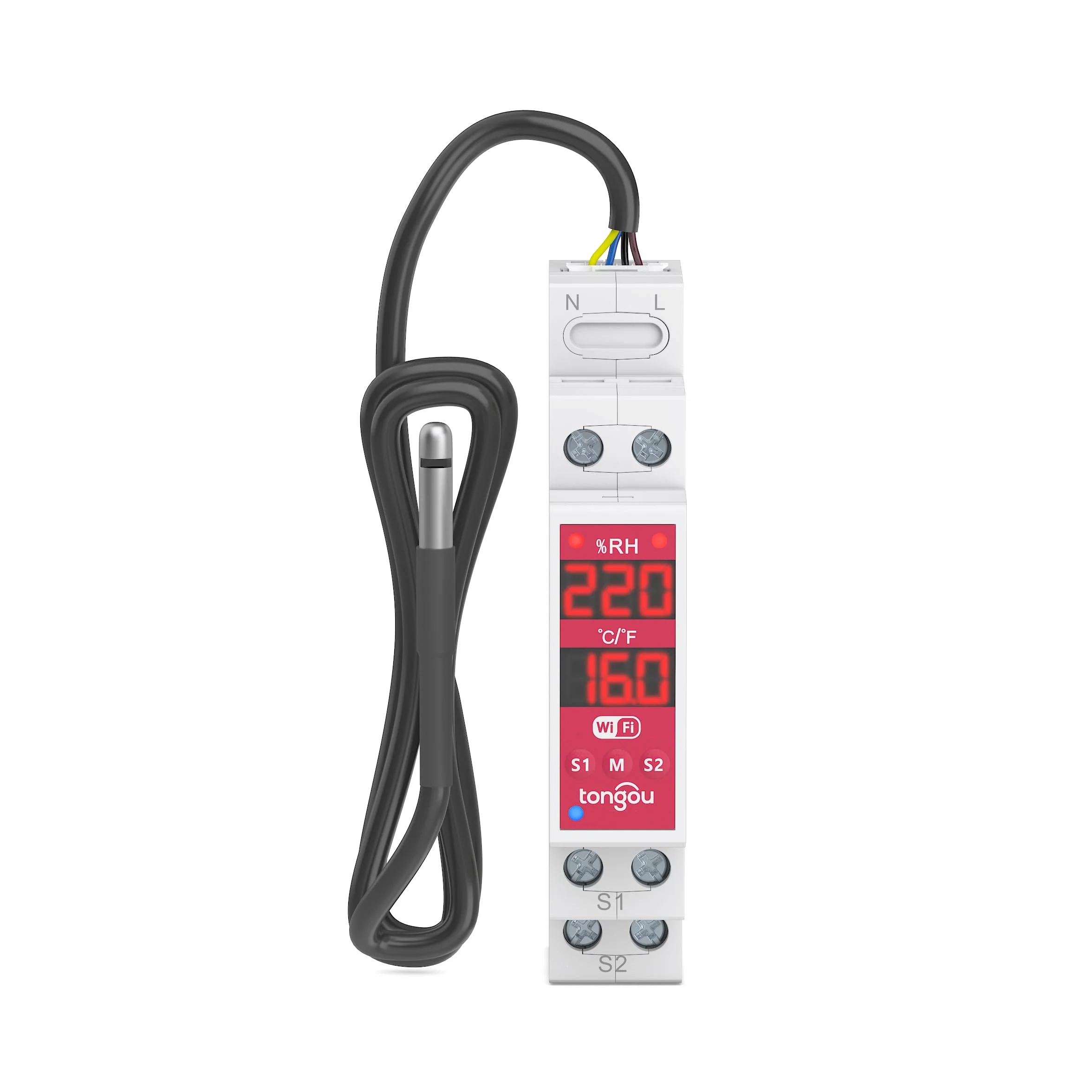 TONGOU Cyfrowy wyświetlacz, szyna montażowa DIN, regulator termostatu z sondą NTC, czujnik temperatury, przełącznik Dry Contact Smart 2-kanałowy, aplikacja TUYA/Smart Life