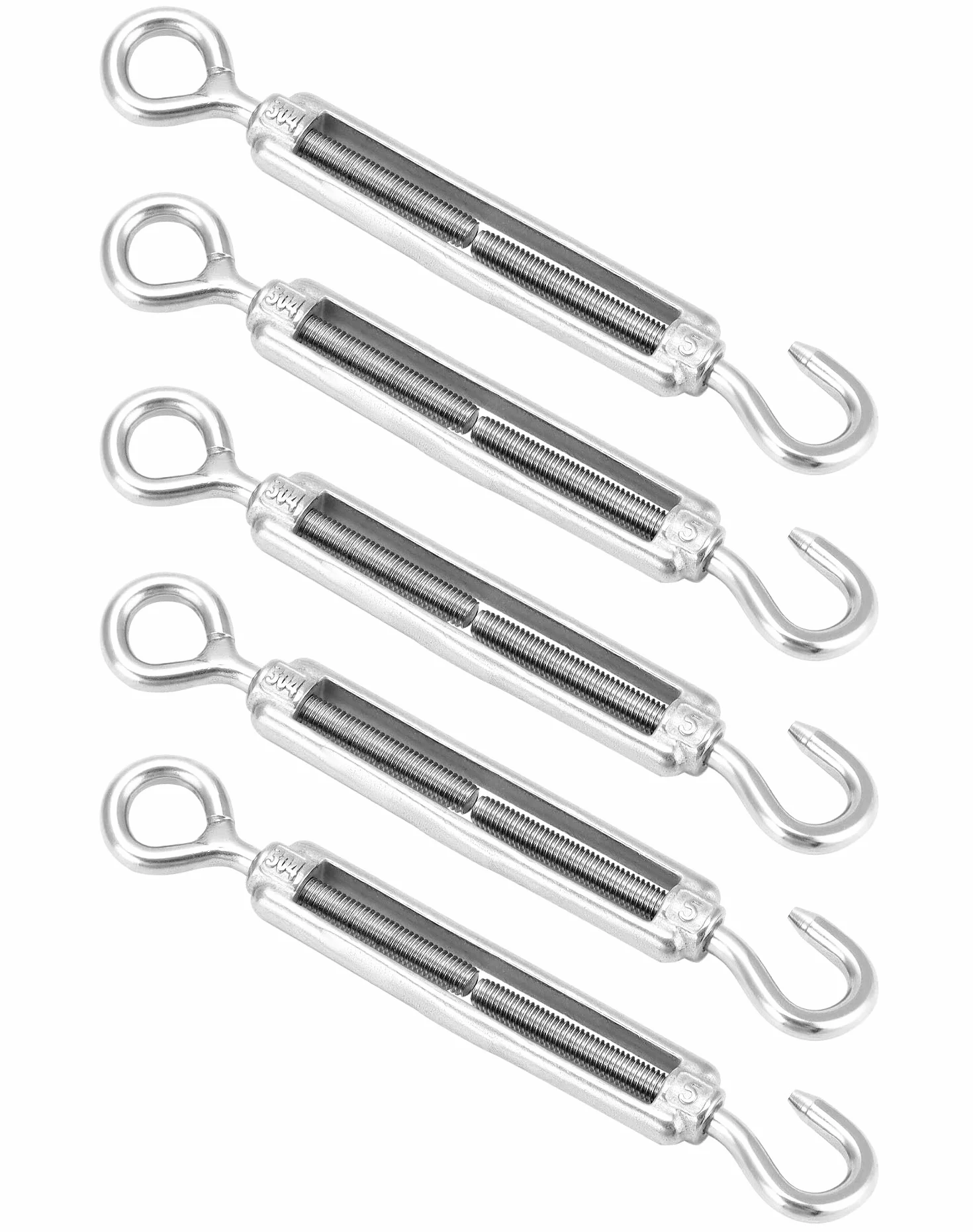 QWORK® 5 szt. Śruba rzymska M5 304 Stal nierdzewna, Regulowany hak i napinacz drutu oczkowego, Hak napinający