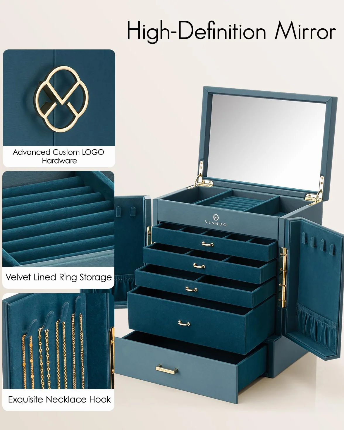 Vlando Duża szkatułka na biżuterię w stylu vintage, 6 poziomów, organizer na biżuterię, duży XXL z lustrem, szufladami, do przechowywania biżuterii, szkatułka na biżuterię, na kolczyki, łańcuszki