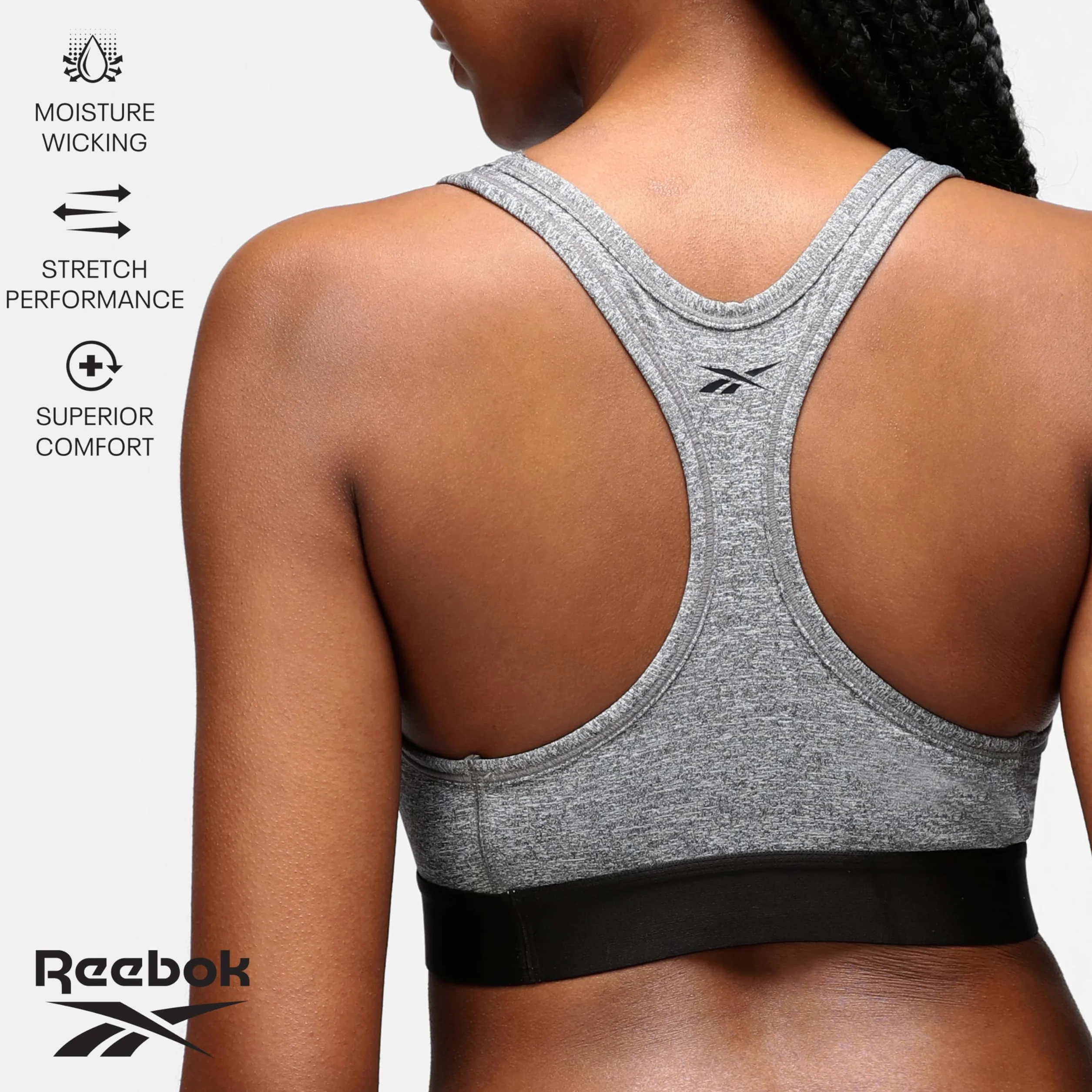 Reebok Damski biustonosz sportowy | Wspierający, wygodny wyściełany biustonosz sportowy | bez fiszbin, niski wpływ i oddychające biustonosze sportowe | damska odzież sportowa, Szary melanżowy, S