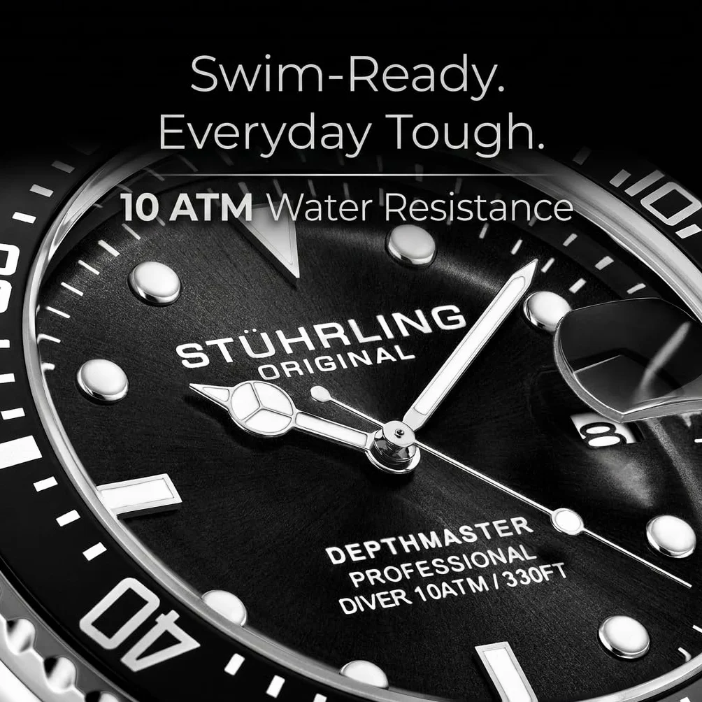 Stuhrling Oryginalny męski zegarek do nurkowania, srebrny 42 mm, obudowa z zakręcaną koroną, gumowy pasek, wodoodporny do 90 cm