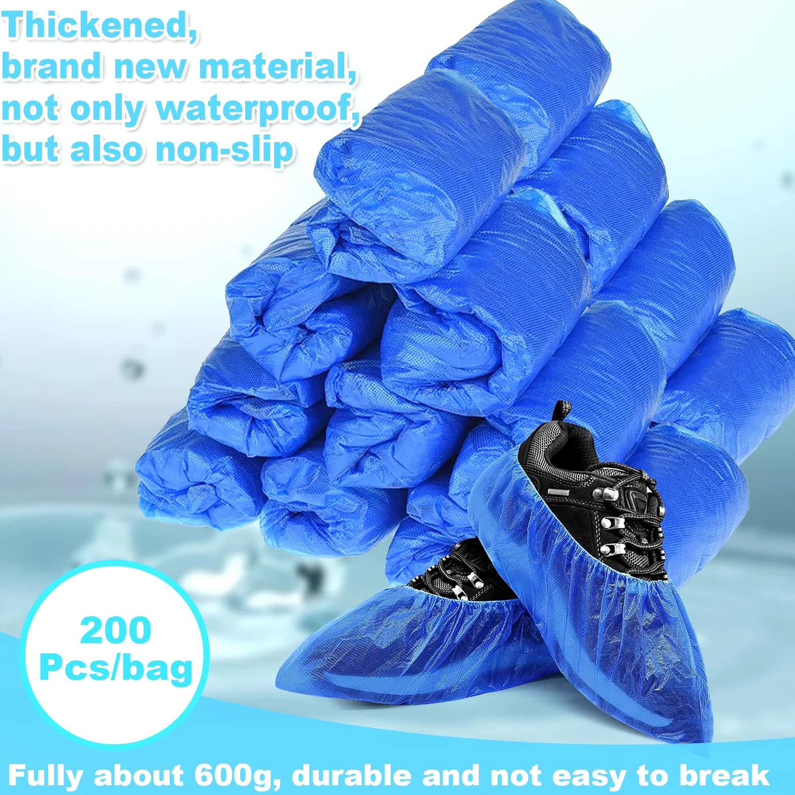 DHOOZ 200 szt. (100 par) pokrowce na buty jednorazowe, nadające się do recyklingu, higieniczne pokrowce na buty i buty, wodoodporne, antypoślizgowe buty do użytku wewnątrz (duży rozmiar - dla mężczyzn 43 i kobiet 13)