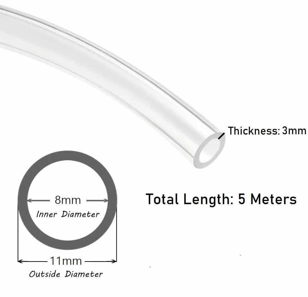 Hyber&Cara Przezroczyste elastyczne rurki PVC klasy spożywczej 8 mm ID x 11 mm OD wąż do wody powietrza 5 metrów z 2 zaciskami do węża