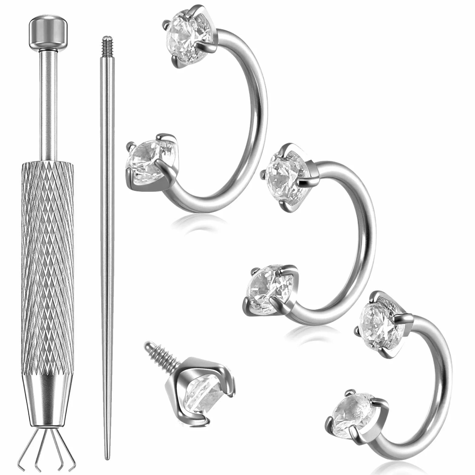 18 g kolczyk do nosa w kształcie podkowy, zestaw kolczyków do nosa, septum, 6 mm/7 mm/8 mm, tytanowy kolczyk do nosa, srebrny, z narzędziem chwytającym i igłą do piercingu z tyłu, helix