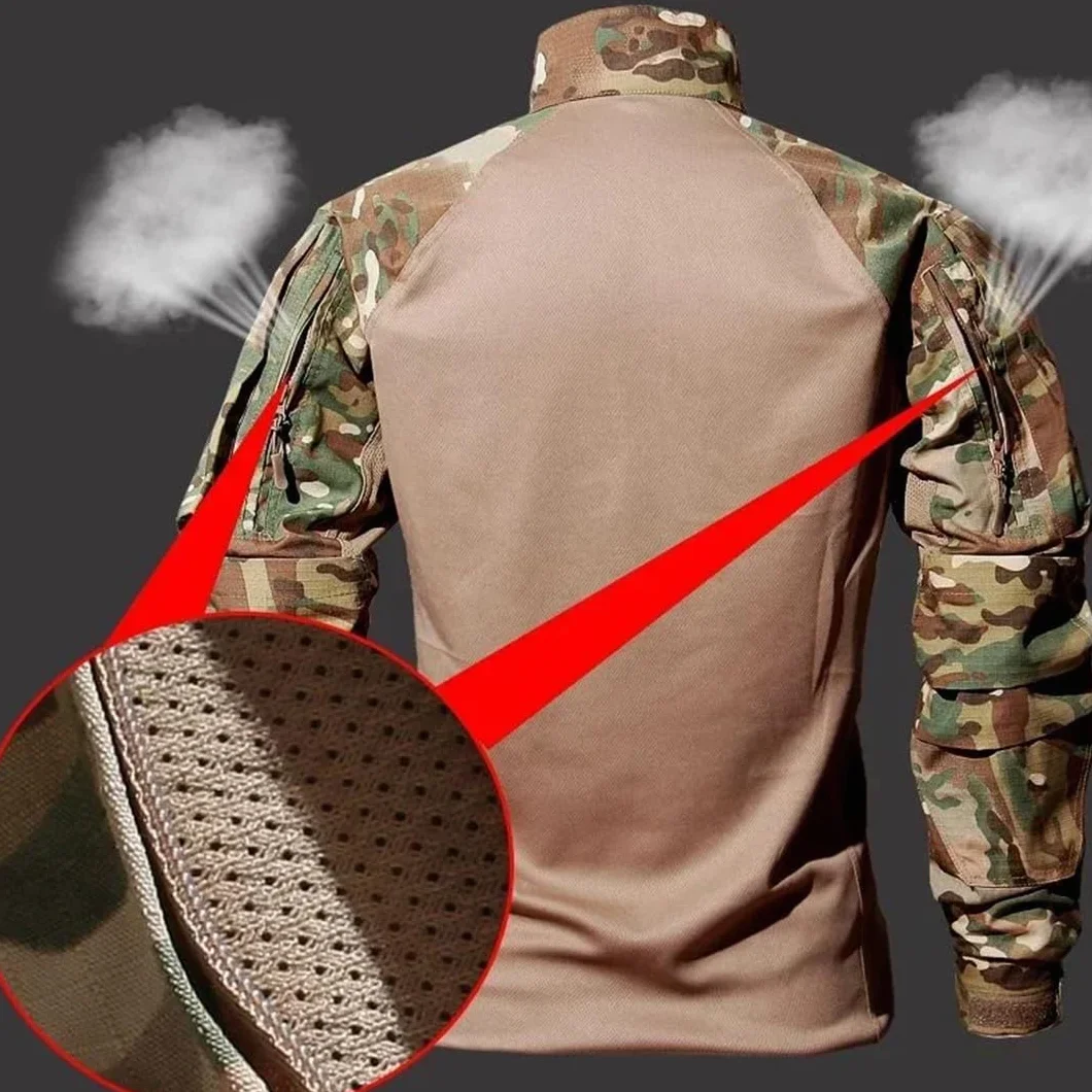 Męski strój taktyczny turystyczny outdoorowy koszulka spodnie zestaw moro z wieloma kieszeniami