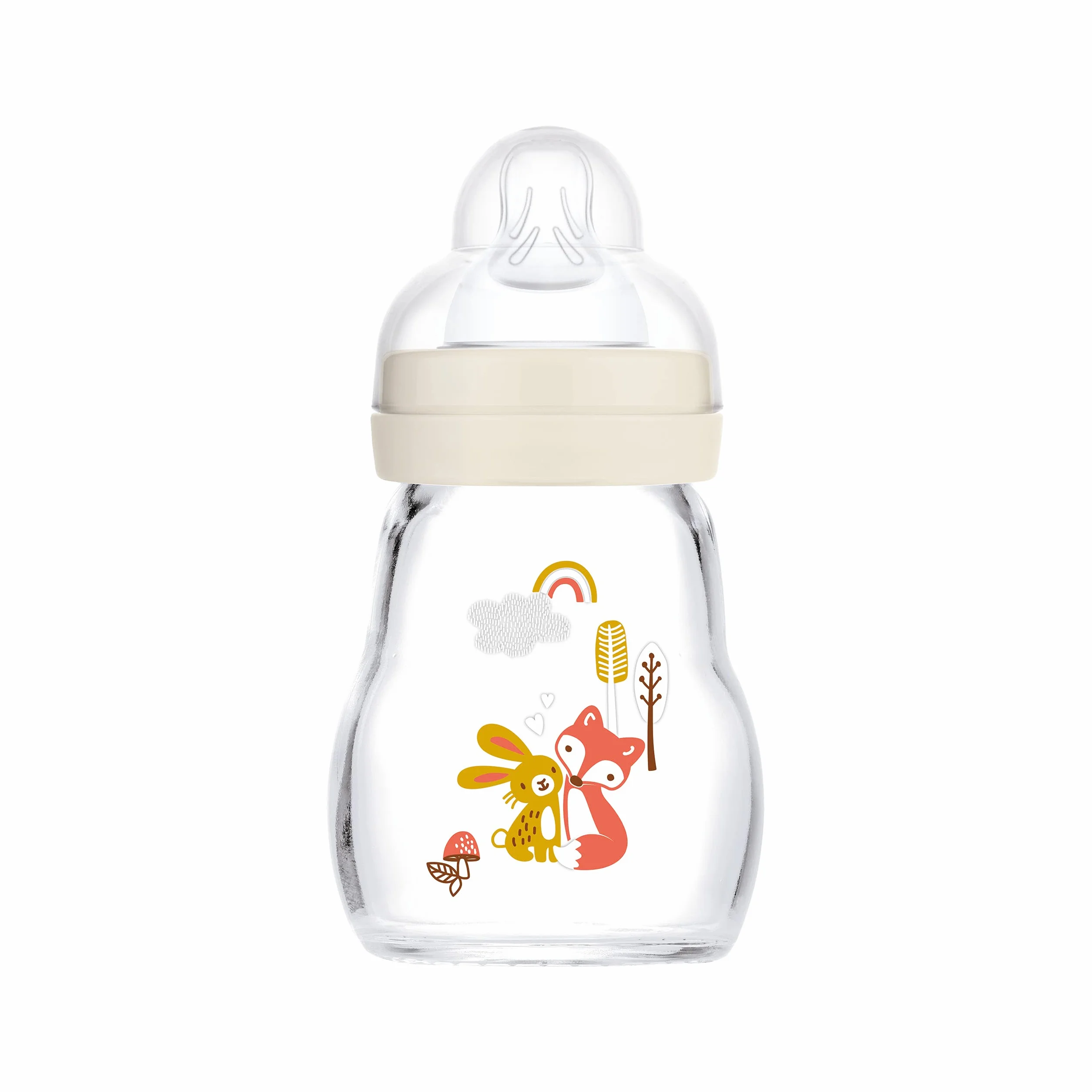 MAM Feel Good butelka dla niemowląt ze szkła (170 ml), butelka na mleko z szerokim otworem, stabilna butelka do picia dla niemowląt z przyssawką rozm. 1, od urodzenia, zając/lis