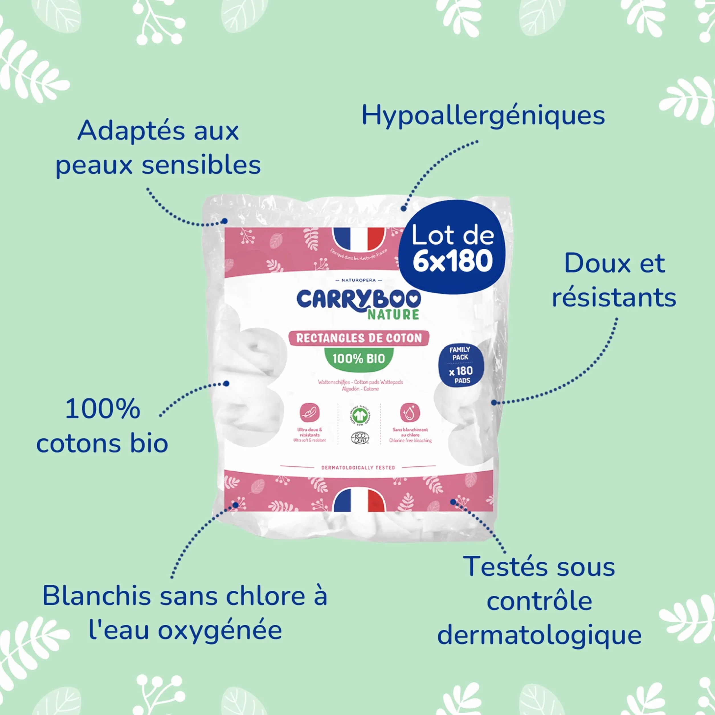 Carryboo - 1080 kwadratów bawełny niemowlęcej - 100% naturalne włókno i bawełna organiczna - ekologiczny produkt dla niemowląt z certyfikatem Gots - do higieny niemowląt - Zestaw 6 x 180 podkładek