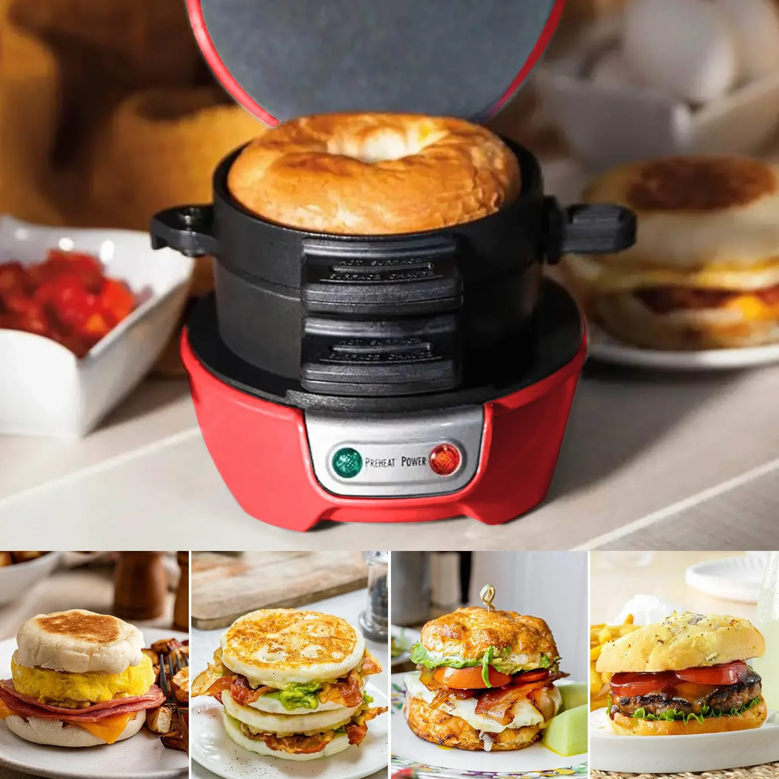 Toster do kanapek, hamburgerów, wydajne, nieprzywierające płyty grzewcze, do mycia w zmywarce, 600 W, dla pieczenia, chleba, patelni, naleśników