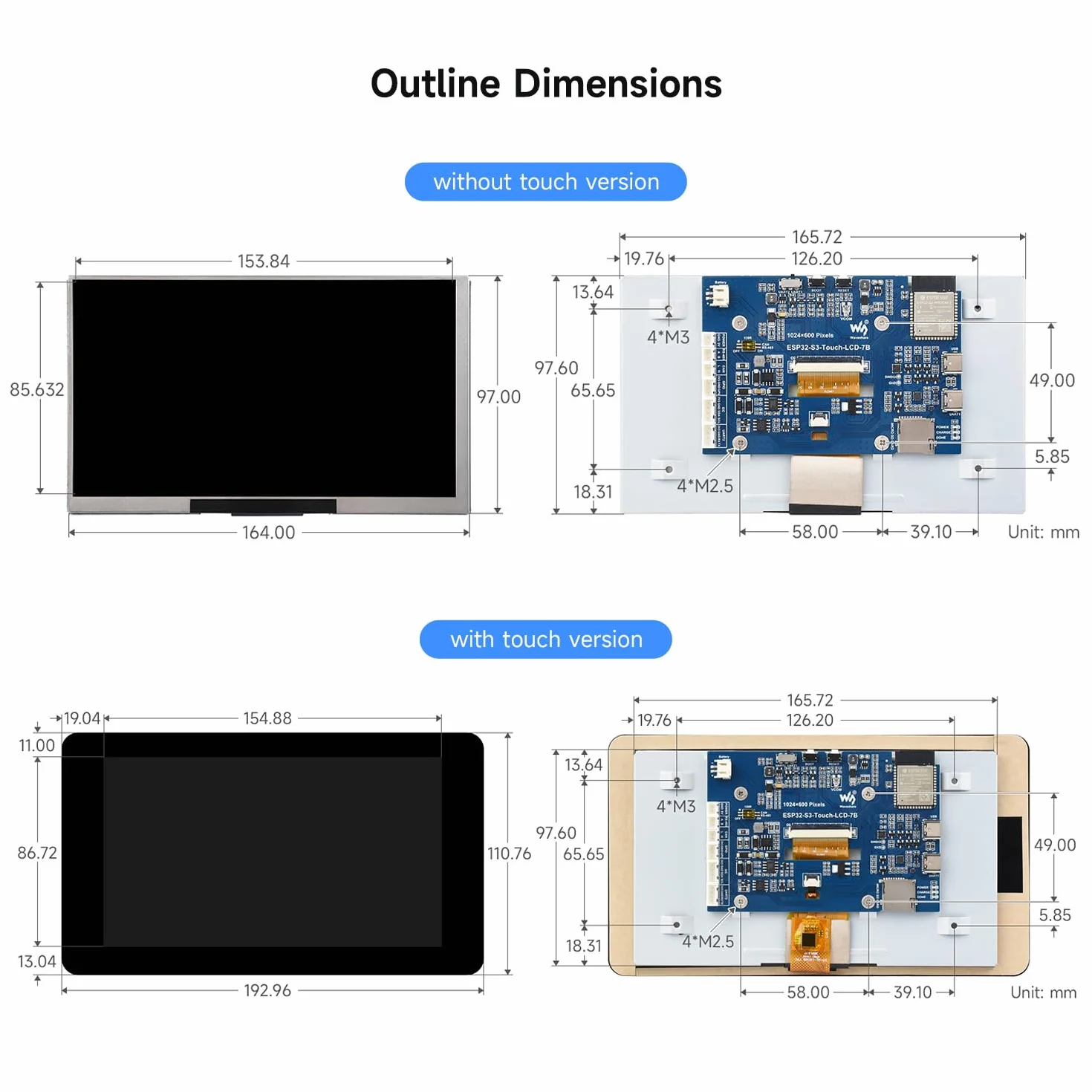 Waveshare ESP32-S3 Display 7inch LCD Development Board, 1024x600 Resolution, 32-bit LX7 Dual-Core Processor 240MHz, Wi-Fi & BT Support, Onboard Antenna, with Touch
