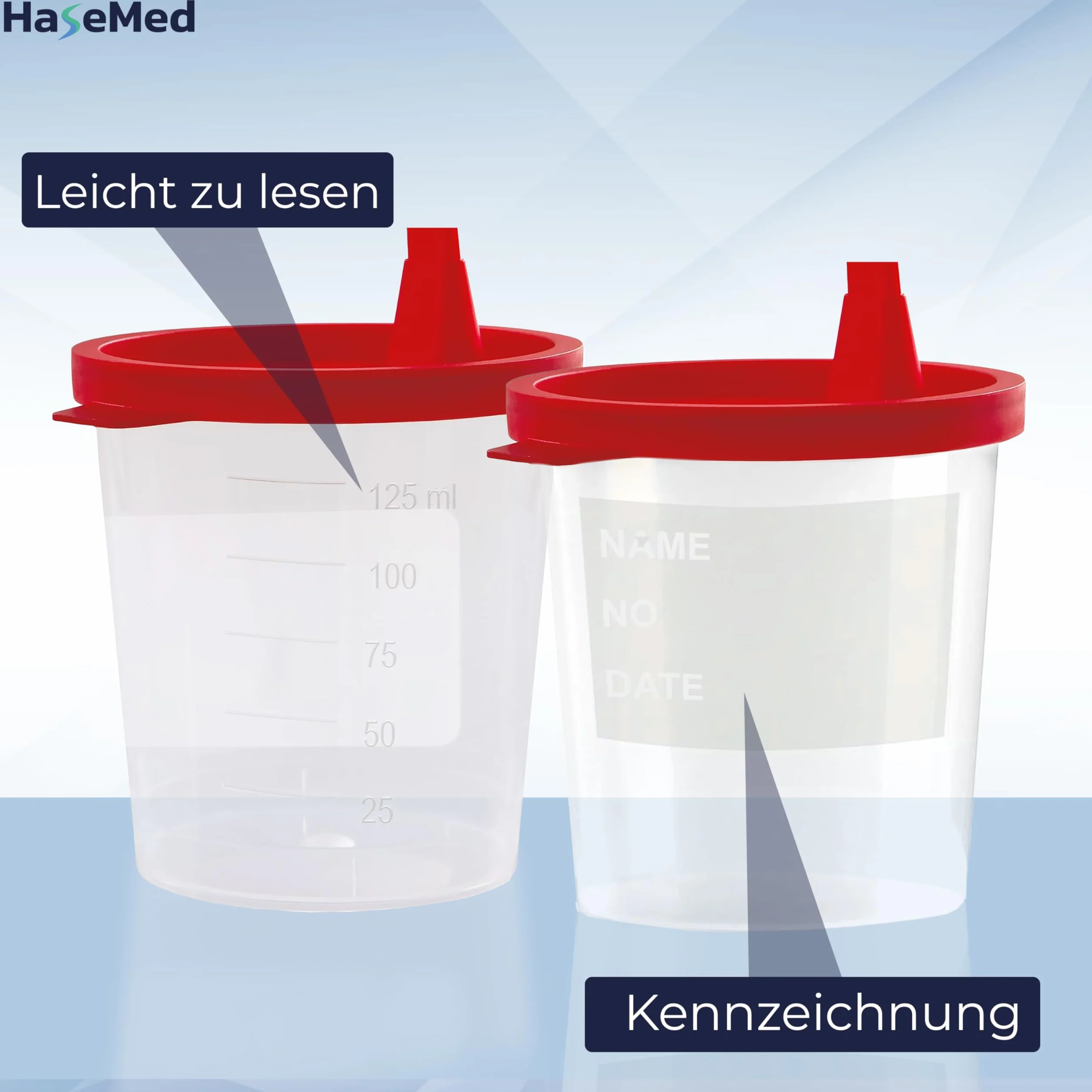 HaseMed kubek na mocz 125 ml – 3 sztuki kubków na próbki z czerwoną pokrywką – szczelny, można układać w stos i higieniczny, do próbek moczu, materiałów laboratoryjnych, gabinetów lekarskich, kliniki