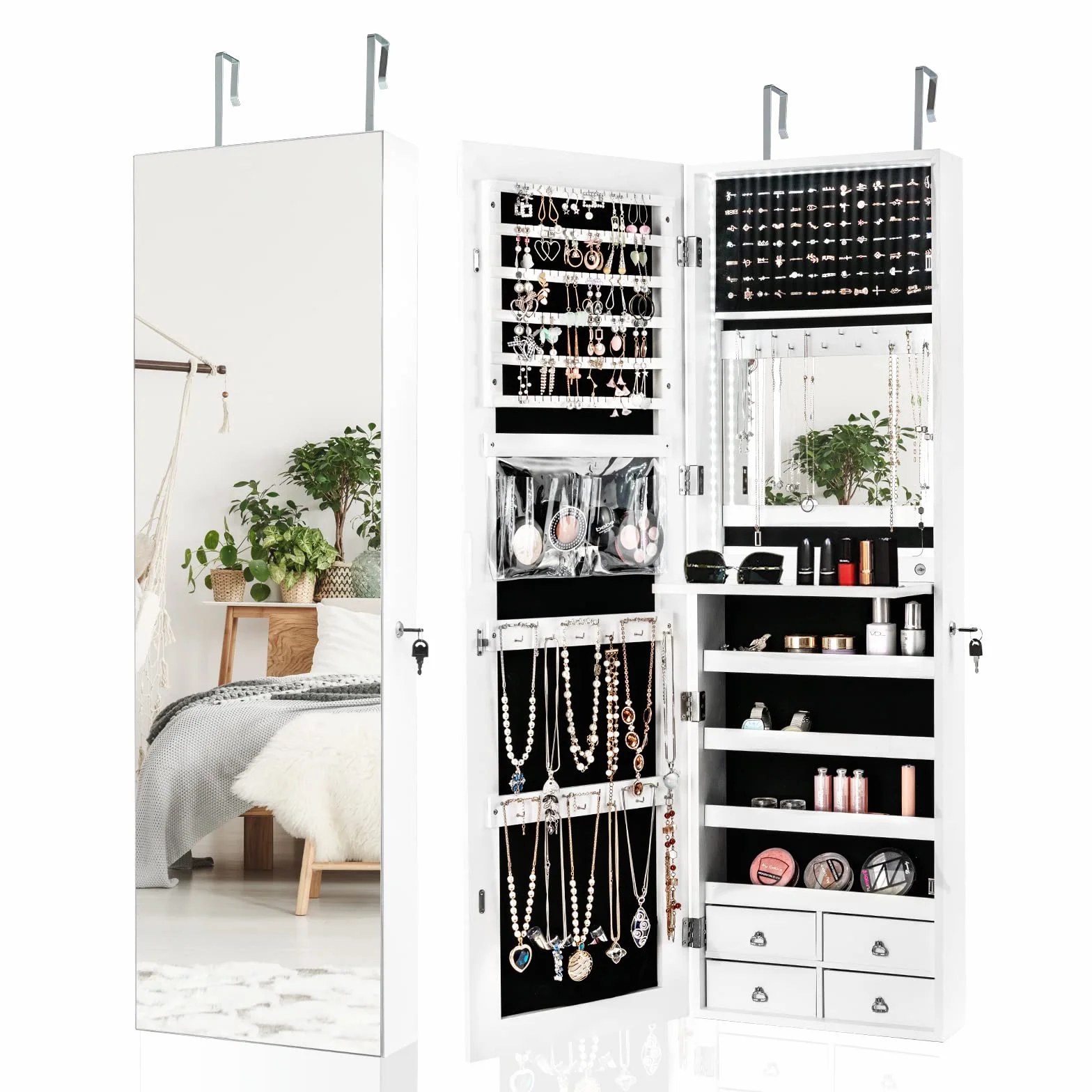 COSTWAY szafka na biżuterię z oświetleniem LED, półka na biżuterię z lustrem na całe ciało, szafka z lusterkiem z 4 szufladami, 4 półki na biżuterię i kosmetyki, szafka do montażu na drzwiach i