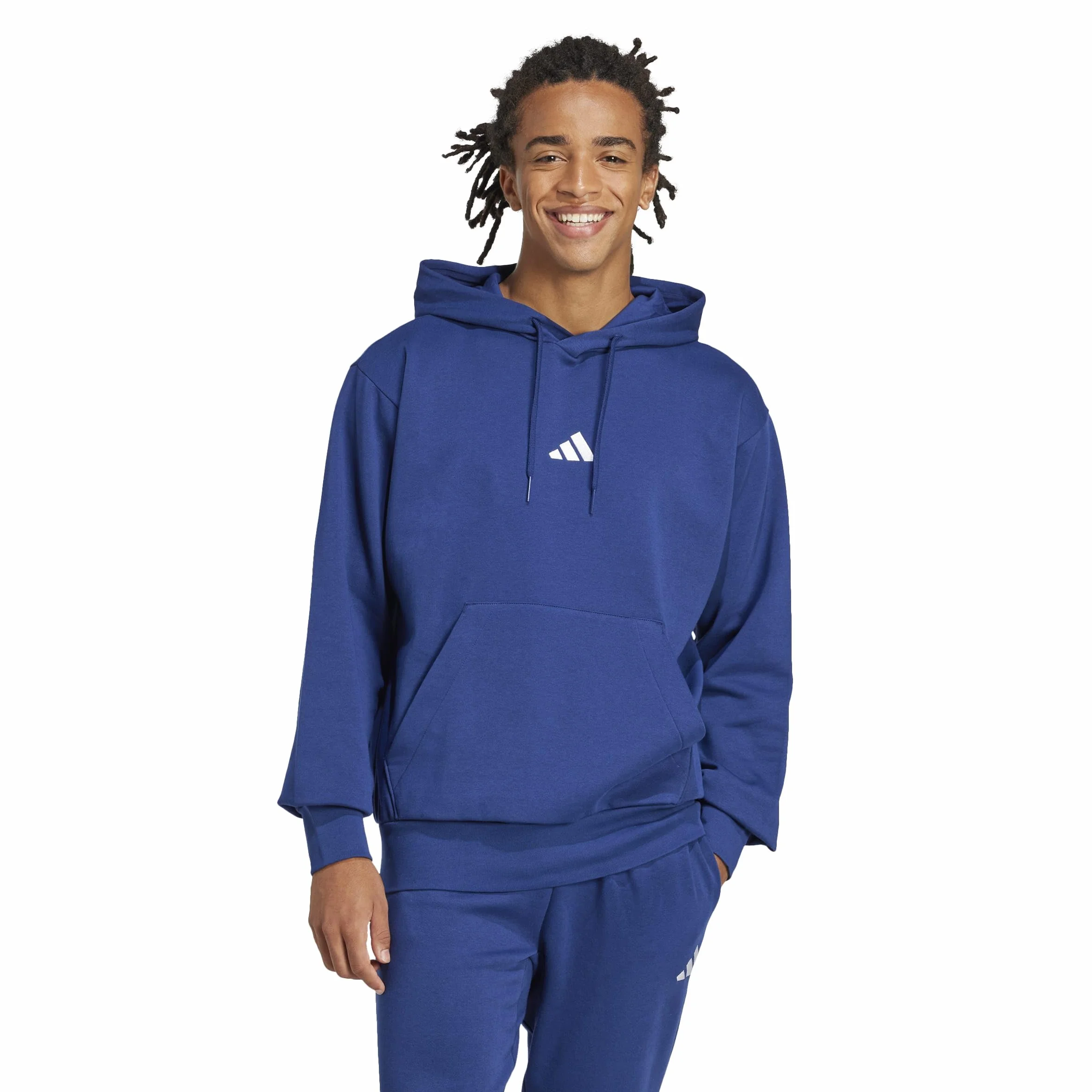 adidas Mężczyźni ESSENTIALS FEELCOZY FLEECE HOODIE, dark blue/white, L