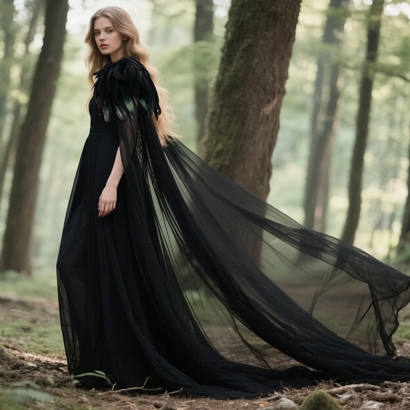keland Czarna tiulowa peleryna długa z kołnierzem sprężynowym Pióro Cape Halloween Maleficent akcesoria (czarna)