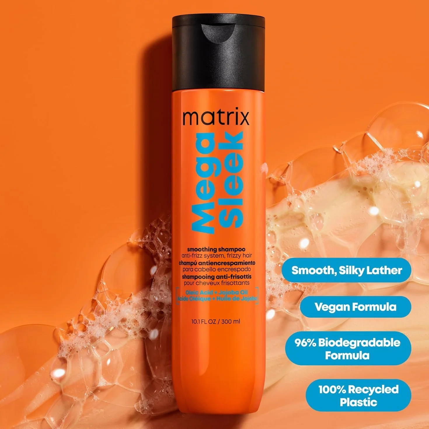 Matrix Mega Sleek szampon wygładzający przeciw puszeniu się, profesjonalna formuła, do wszystkich rodzajów włosów perwersyjnych, bez siarczanów, oczyszcza, dyscypliny i ochrony przed wilgocią, 300 ml