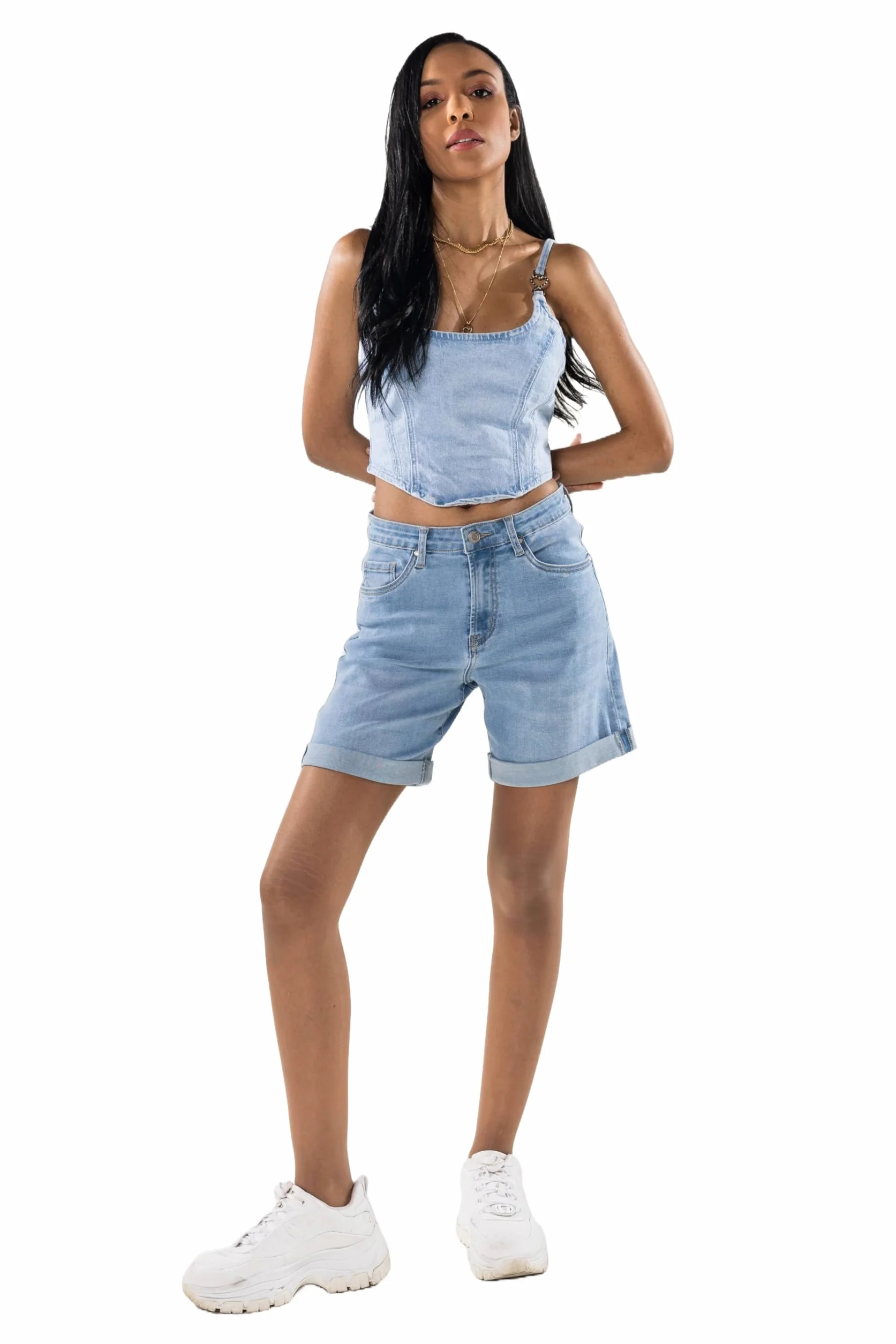 Nina Carter P208 damskie szorty jeansowe z wysokim stanem, styl used look, na uda, denim, letnie szorty