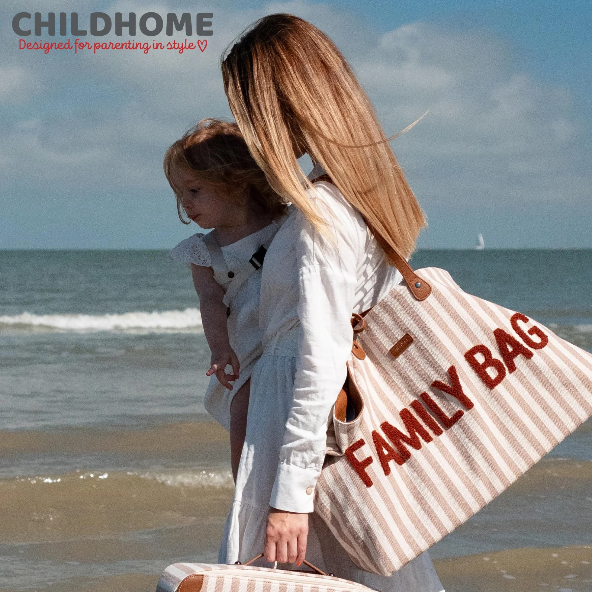CHILDHOME, Torba rodzinna, torba na pieluchy, torba podróżna/weekendowa, duża pojemność, odpinana torba, paski terakota