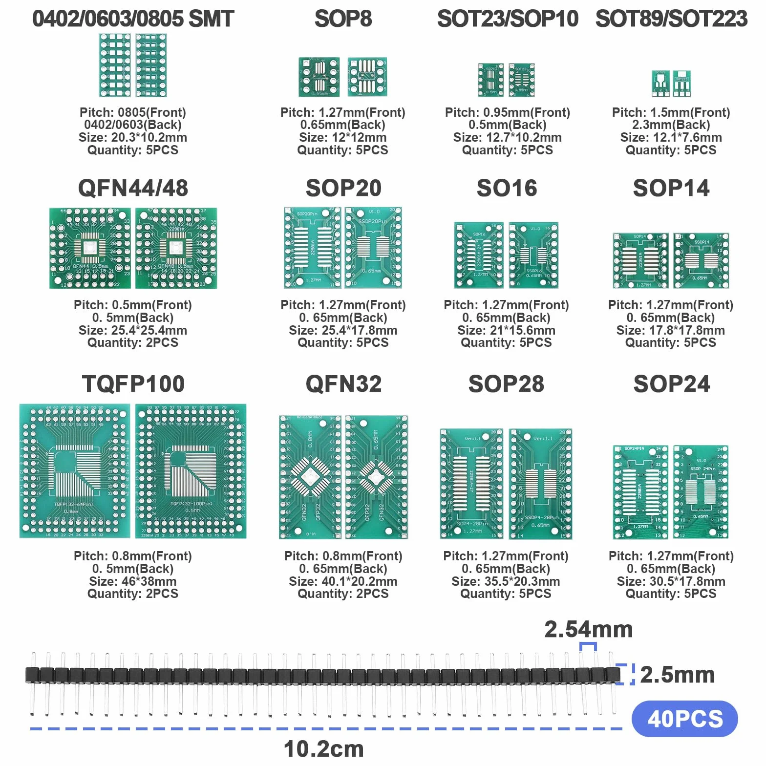 51 szt. 12 rodzajów SMD do DIP adapter płytki zestaw SOP8 SOP10 SOP14 SOP16 SOP20 SOP24 SOP28 0402/0603/0805 SMT SOT89/SOT223 TQFP100 QFN32 QFN44 /48 z 40 szt. 2,54 mm nagłówek pinów