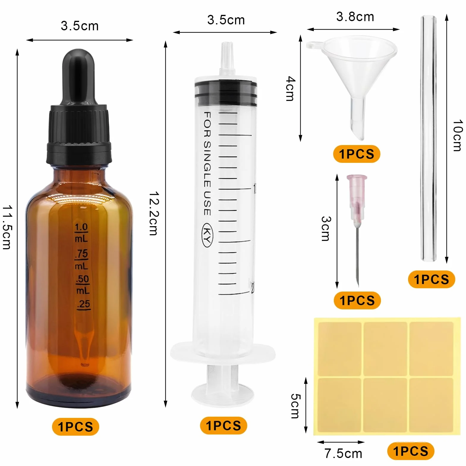 Butelka z Pipetą, 6 Szt. 50 ml, Apteczna, z Lejkiem, Naklejką i Etykietą, z Brązowego Szkła, Kroplomierz Na Olejki Eteryczne, Perfumowane, Aromaterapię