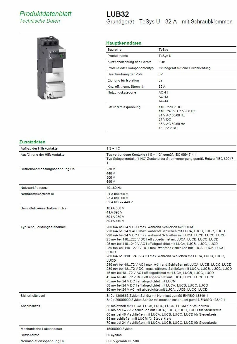 Schneider Electric LUB32 bez podłoża, bieguny 3P, 1°F + 10 Skład AUX Kontakt, 230–690 VAC, 32 A