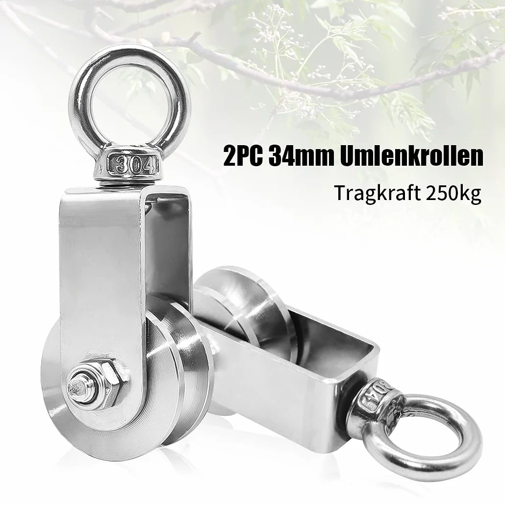 Herbst Rolka zwrotna z łożyskiem kulkowym, linka stalowa ze stali nierdzewnej, do linek fitness rusztowania, nośność 250 kg (34 mm, 4 szt.)