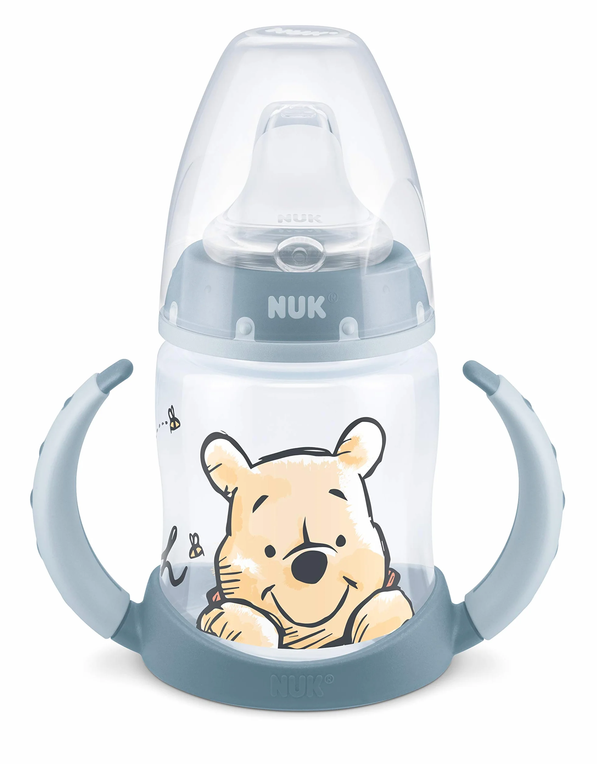 Kubek niekapek NUK First Choice Learner Cup | 6-18 miesięcy | Wskaźnik kontroli temperatury | Nieprzeciekający silikonowy dzióbek | Odpowietrznik antykolkowy | Bez BPA | 150 ml | Winnie (niebieski)