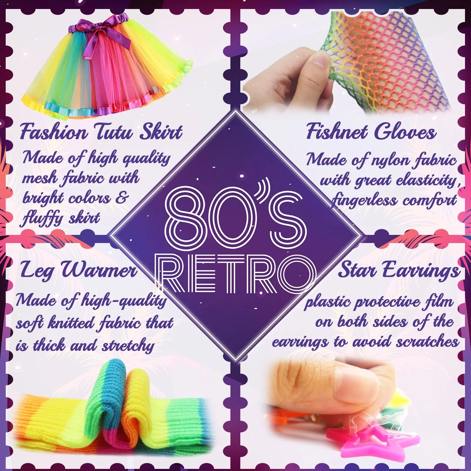 Przebranie w stylu retro w stylu lat 80. dla kobiet i dziewcząt, tęczowe akcesoria imprezowe z tutu, legginsy, rękawiczki, okulary, kolczyki, bransoletka, naszyjnik, opaska na głowę