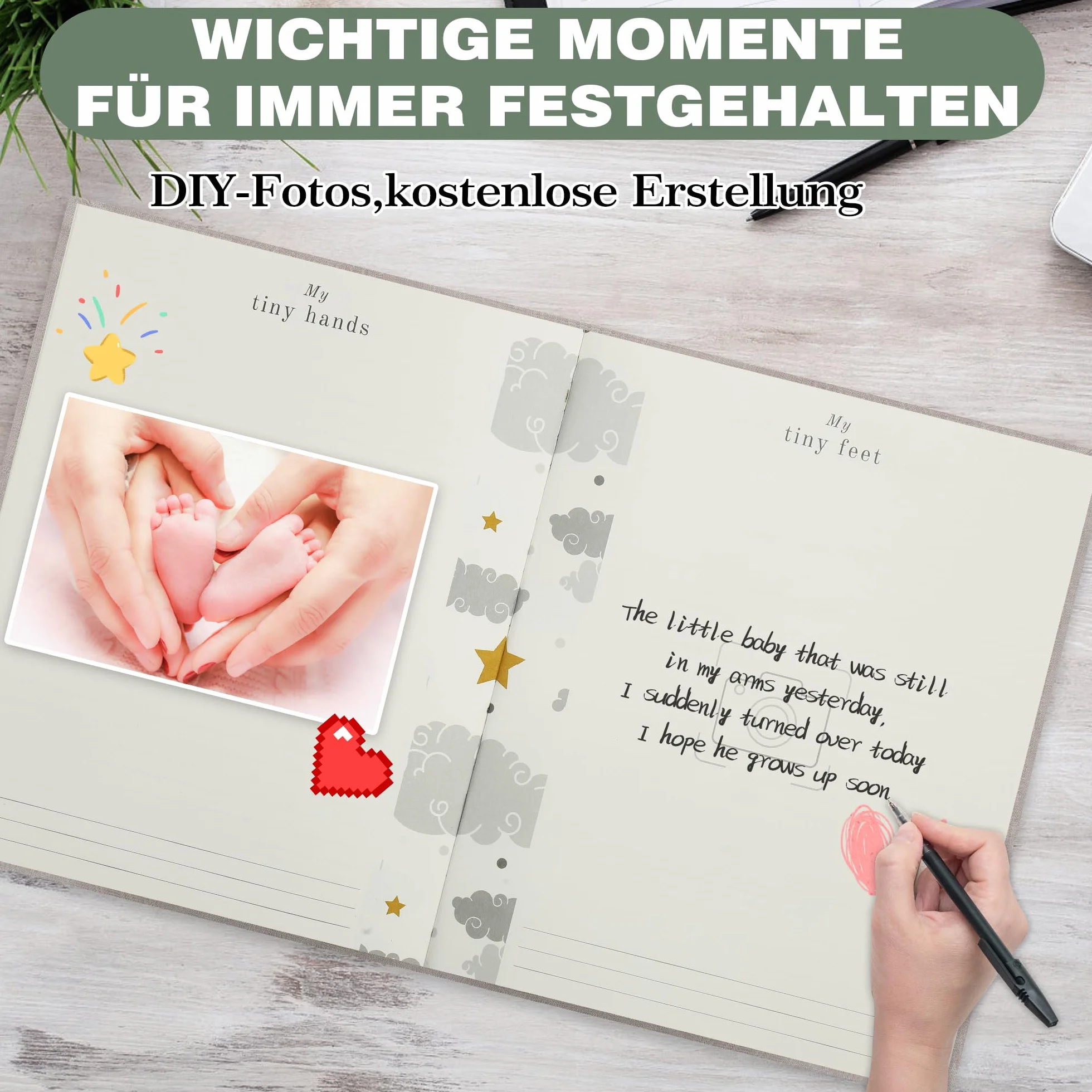Album dla dziecka - wysokiej jakosci lniana ksiazeczka ze ztotymi wytloczeniami dla najpiekniejszych wspomnien- prezent dla dziecka z okazji narodzin (Różowy)