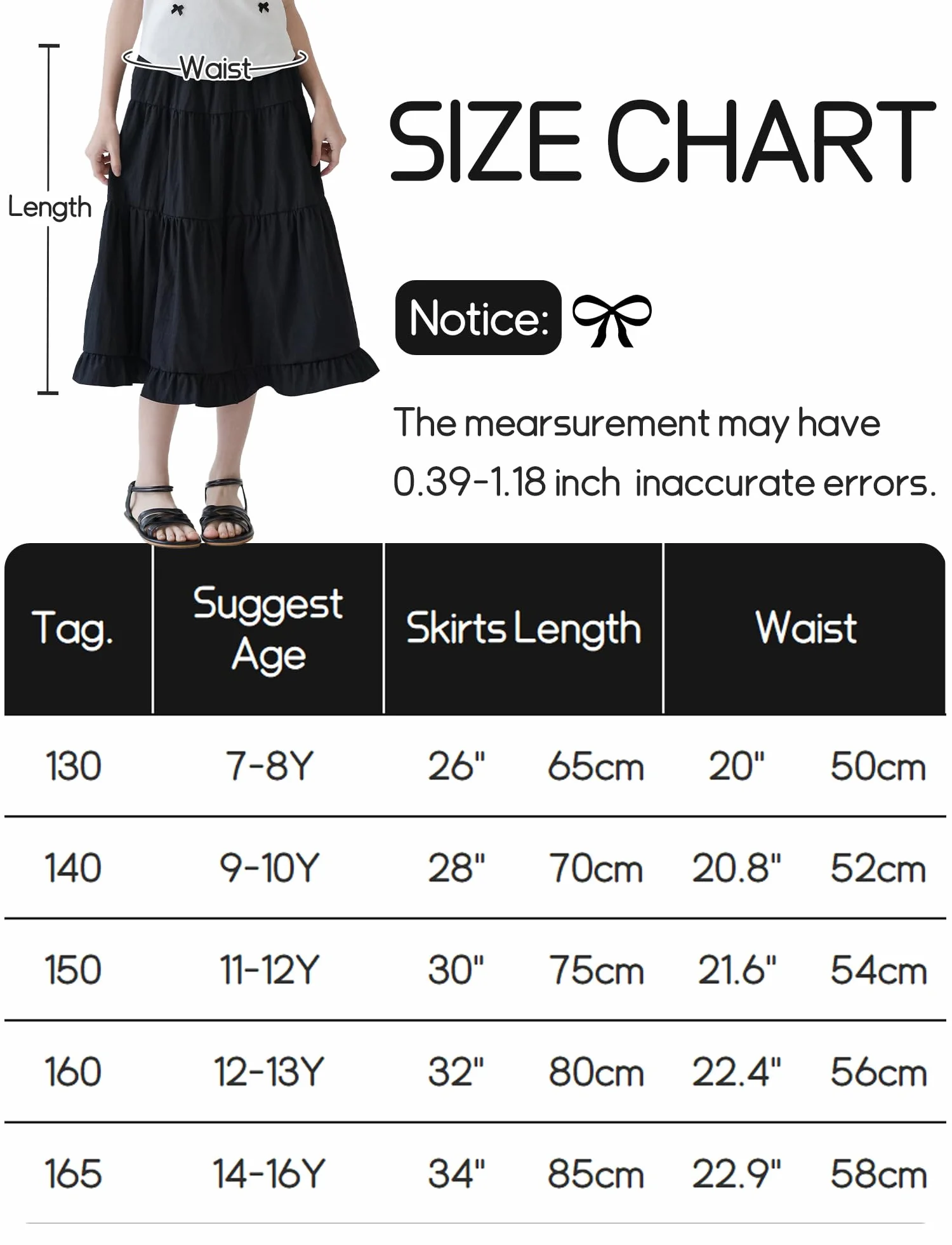 SEAUR Spódnica maxi dla dziewczynek, na lato, długa spódnica, elegancka letnia spódnica, z falbankami, spódnica maxi, elastyczna talia, dla dzieci 130-165 = (EU 122-164)