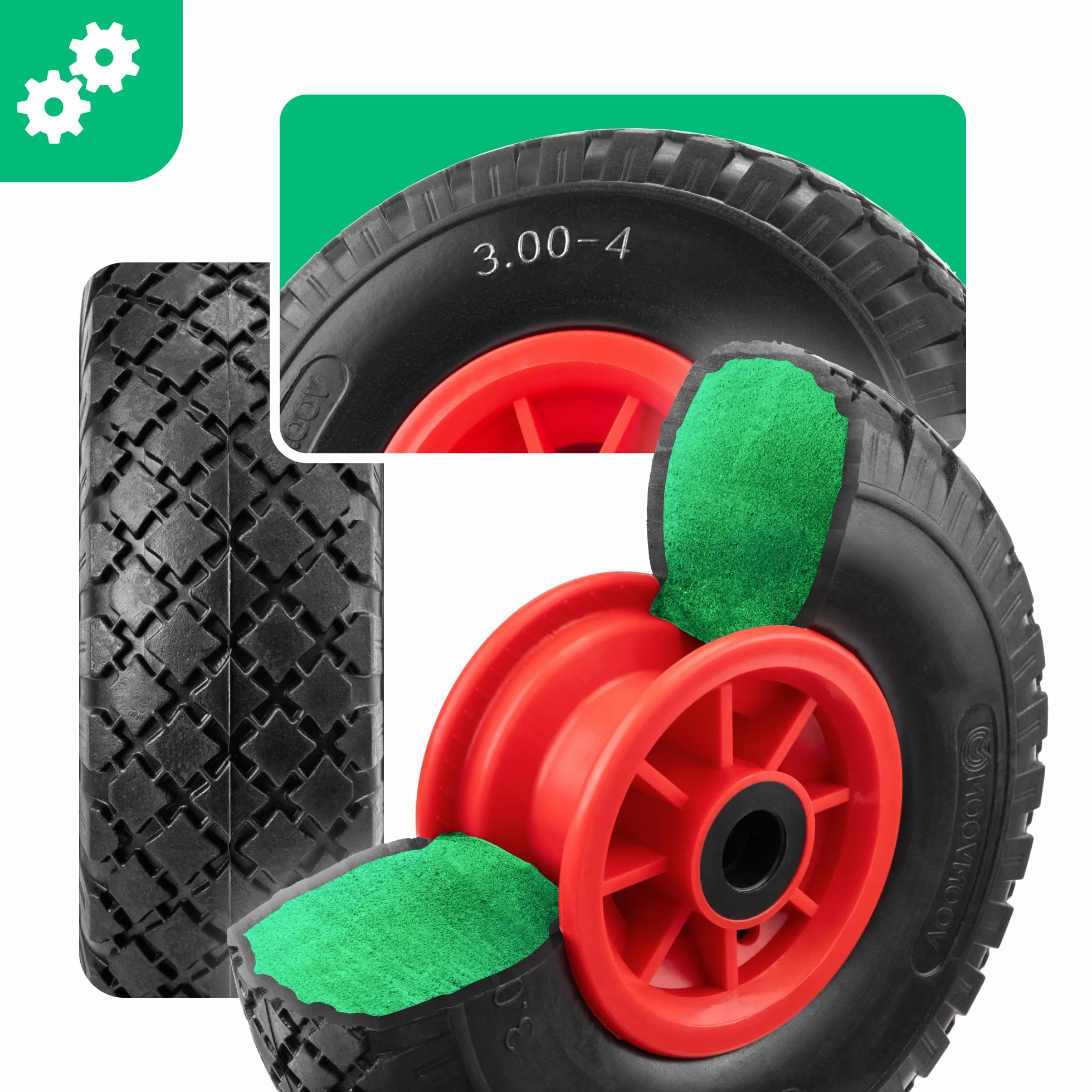 MOOVMOOV 2 x odporne na przebicie koła 3,00-4 (260 x 85 mm) - otwór 20 mm - do taczki, wózka i innych. Pełna opona z felgami PVC - w zestawie pierścienie mocujące z kluczem Allen + zatyczki