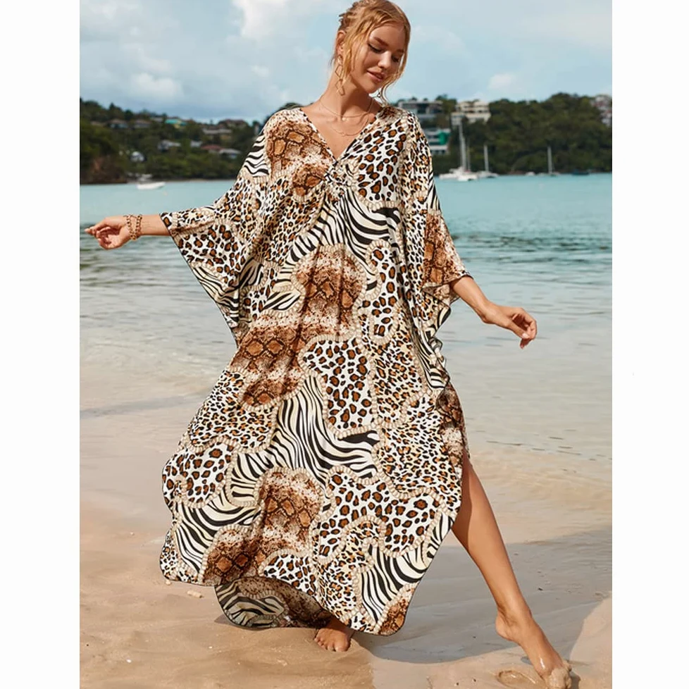 Kobiety Boho Kaftan Plus Size Sukienka Plażowa Maxi Długie Bikini Cover Up Lato Kwieciste Stroje Kąpielowe Pareos